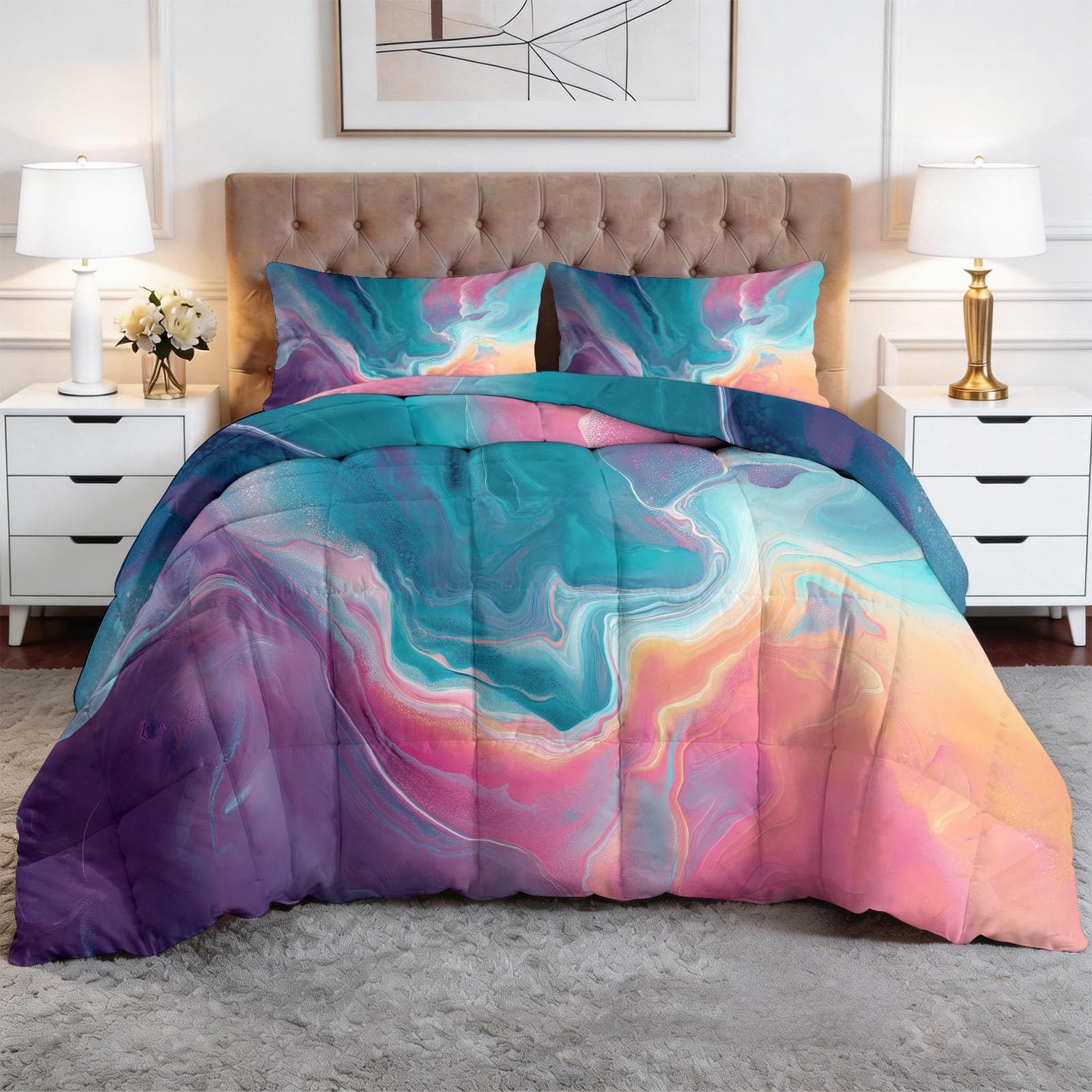 Kołdra 240 x 260 cm, całoroczna, na 4 pory roku, sztuka, gradientowa struktura marmuru, bez poszewki, 400 g/m², oddychająca kołdra do spania z 2 poszewkami na poduszki, gradient, niebieski proszek