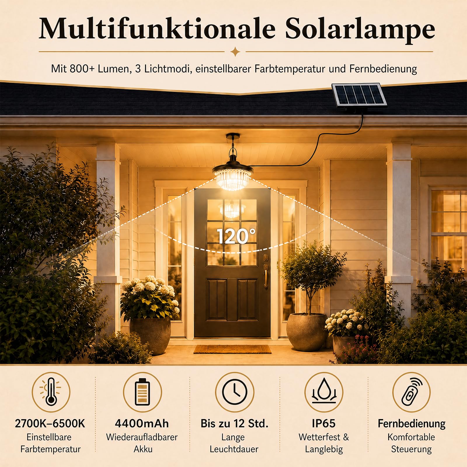 ChunHee Solar Hängelampe mit Bewegungsmelder, 800 lm, IP65 (Langer Kristall)