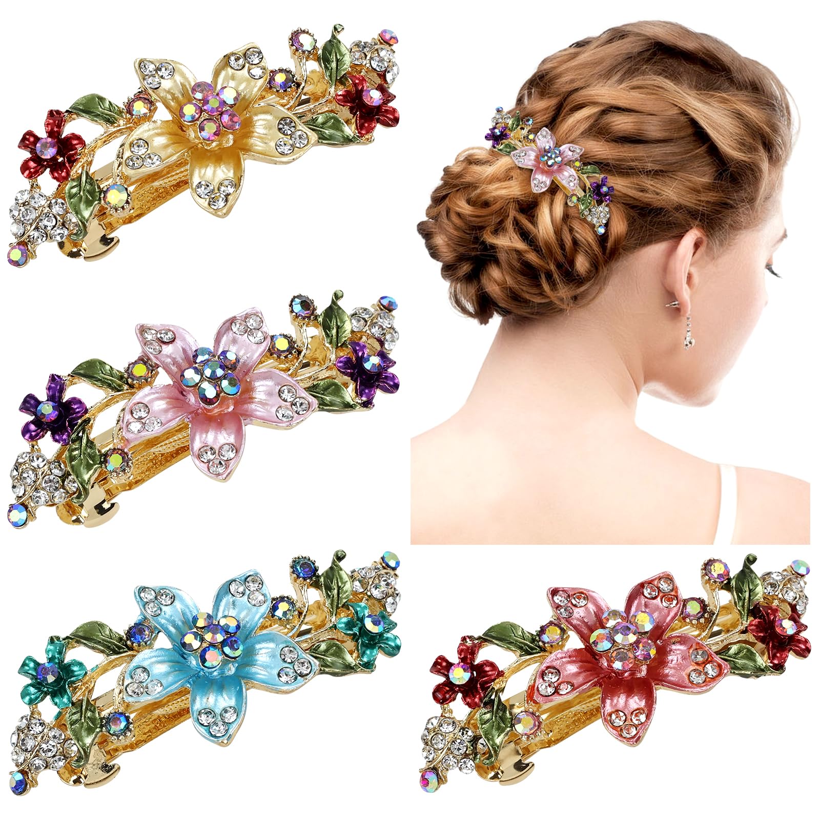 inSowni 4 Pieces Vintage Gold Metal Sparkly Rhinestone Flower French Hair Barrettes Floral Snap Hair Clips Clasps Accessories for Women Girls