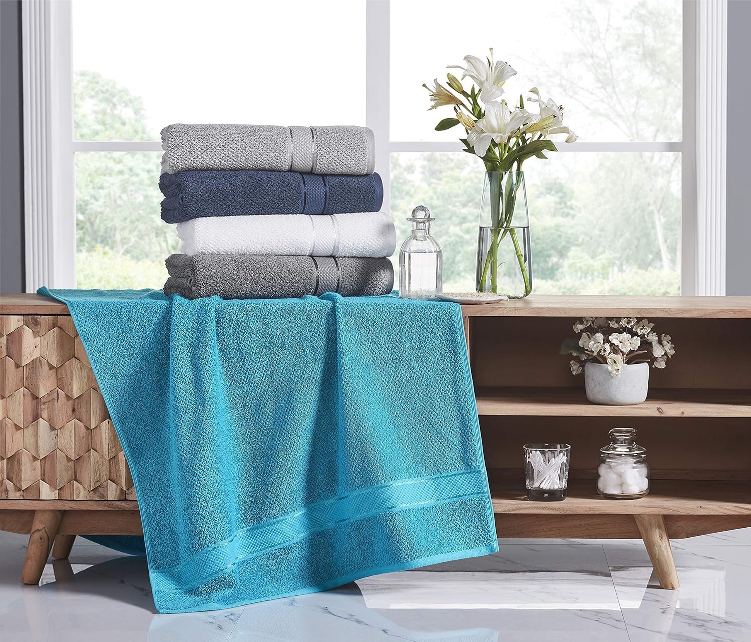 SENSES by Riba Textured Rice Weave Cotton Towels Set (6 Pieces, 550 GSM, Olive Green) | Bath Towel Combo - 2 Bath, 2 Hand & 2 Wash Towels | Antimicrobial, Soft, Absorbent ideal for Daily Use & Gifting 2