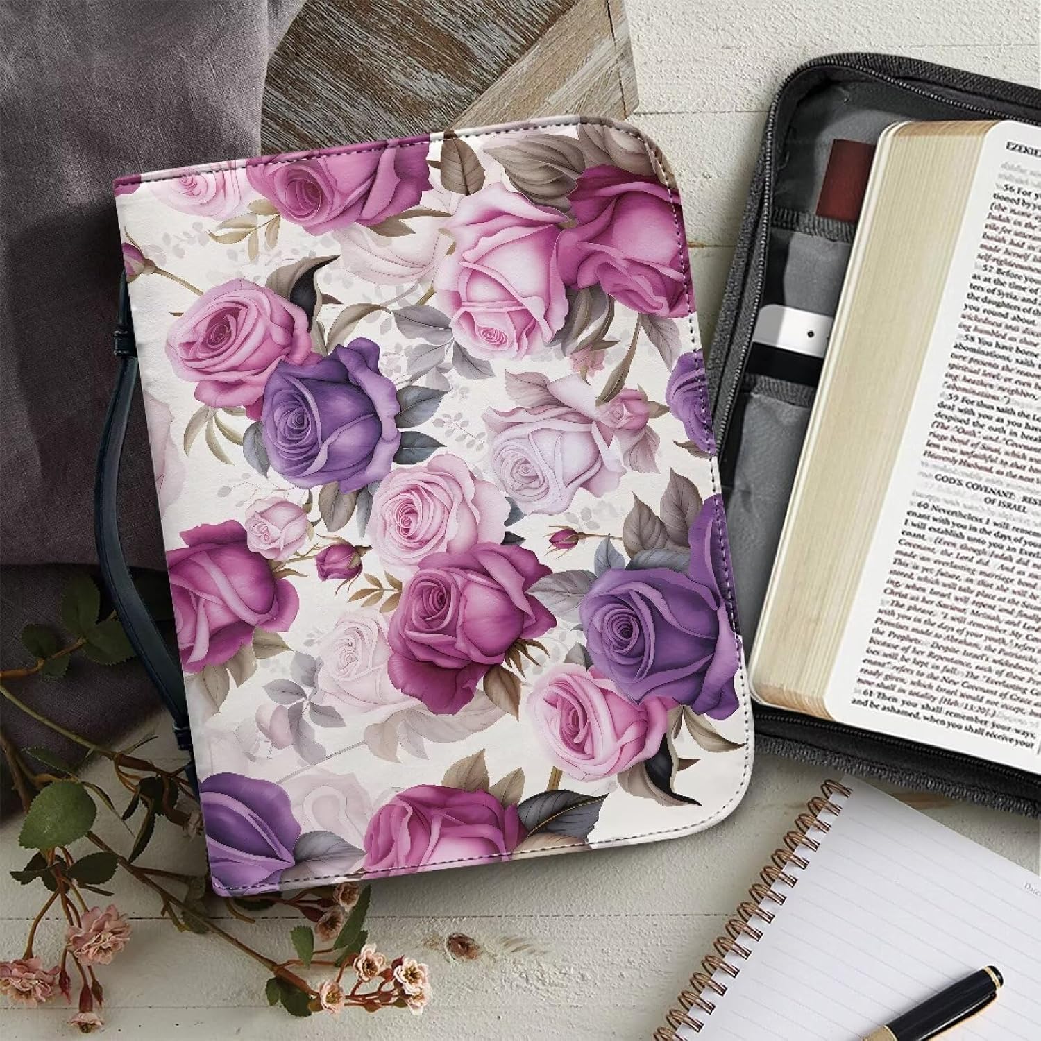 FOR U DESIGNS Medium Bible Cases for Women, PU Leather Bible Cover with Handle and Zipper, Purple Bible Bag Journal Case, Floral Print Bible Carrying Case