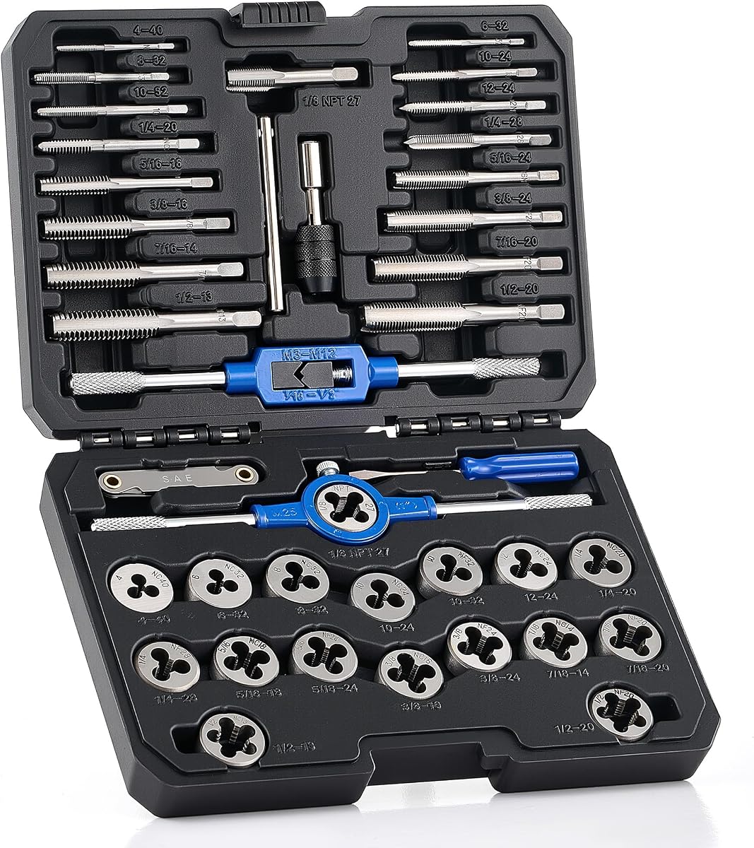 OMT SAE Tap and Die Set, Thread Repair and Cutting Kit with Wrenches | #4 6 8 10 12 1/4 5/16 3/8 7/16 1/2" for Internal & External Threads, GCr15 Bearing Steel, Mechanics Machinists Garage & Shop