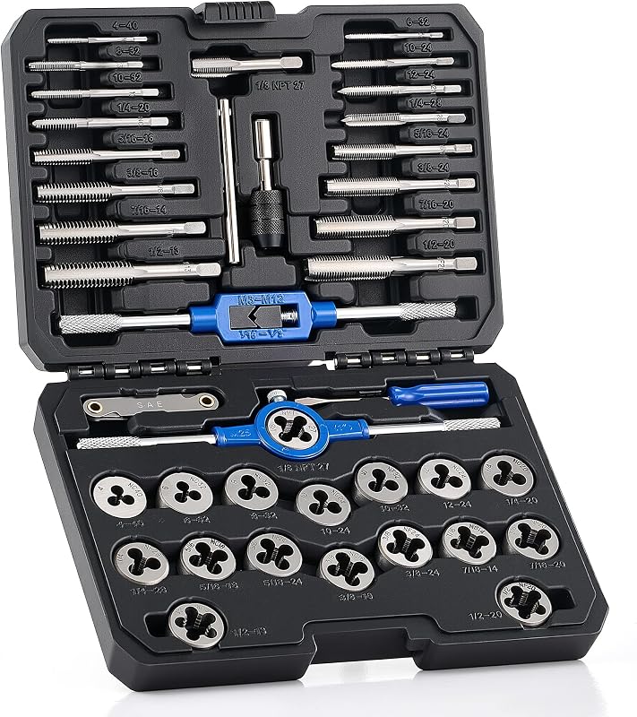 OMT SAE Tap and Die Set, Thread Repair and Cutting Kit with Wrenches | #4 6 8 10 12 1/4 5/16 3/8 7/16 1/2" for Internal & External Threads, GCr15 Bearing Steel, Mechanics Machinists Garage & Shop