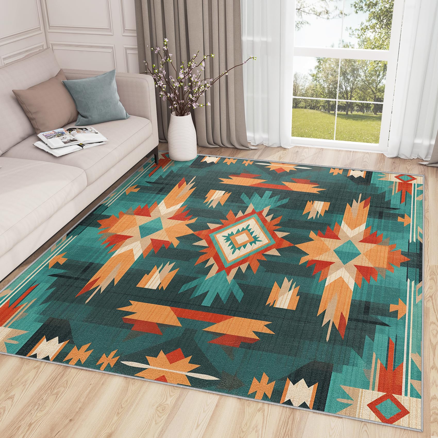Southwestern Aztec Decor Rug Saltillo Hawkeye Textile Wall Hanging Mexico 38x17 Southwestern Wall Art Print Aztec Tribal Poster Rustic  main image 3