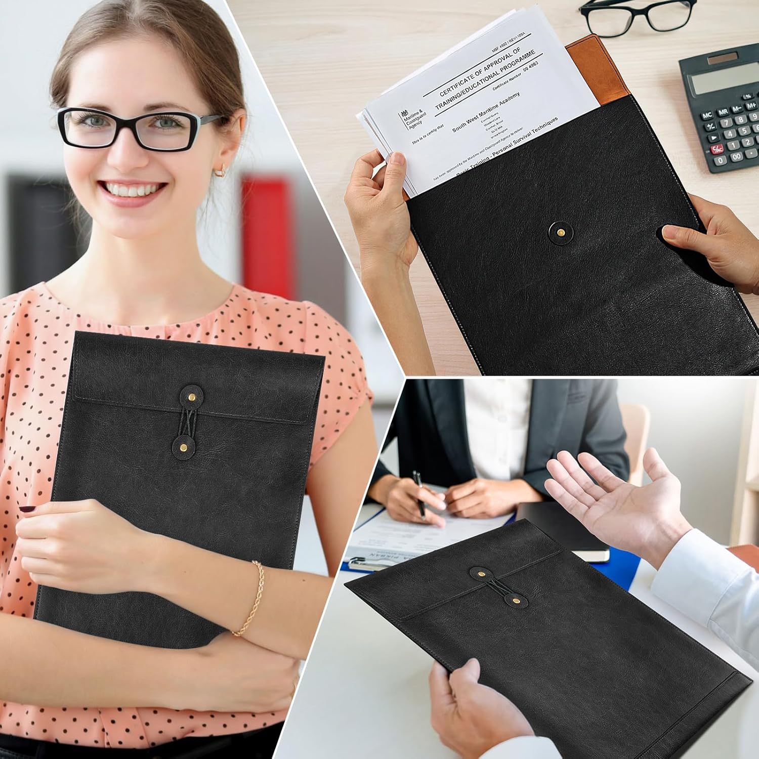 Black PU Leather File Folder for Documents,Important Document Folder with String Tie,Laptop Sleeve Notebook Case,Leather File Organizer, A4 Envelopes Filing Folder 3PCS