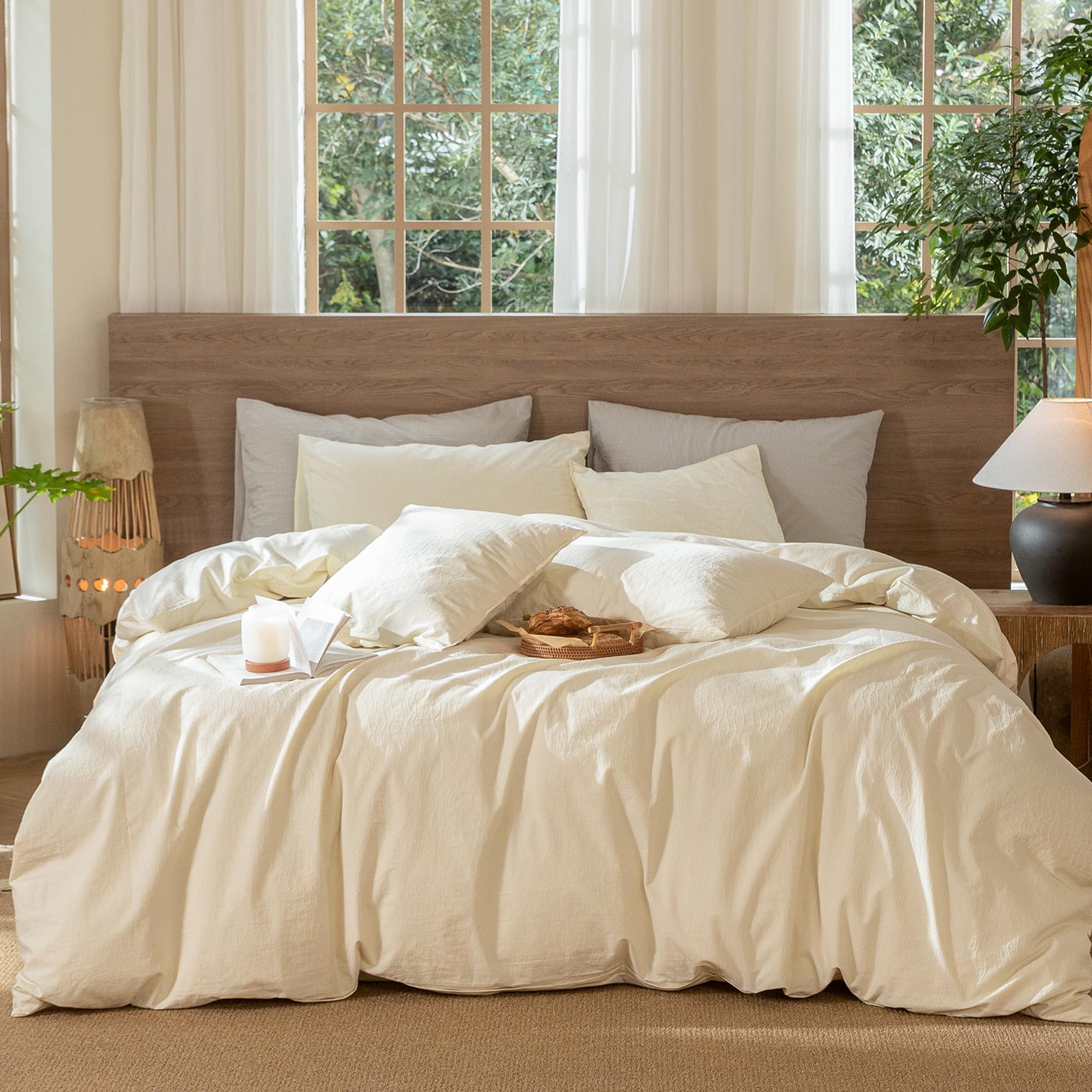 Photo 1 of MooMee Wavy Striped Duvet Cover Set 100% Washed Cotton Linen Like Textured Breathable Durable Soft Comfy (Cream White, Queen 90"x90")