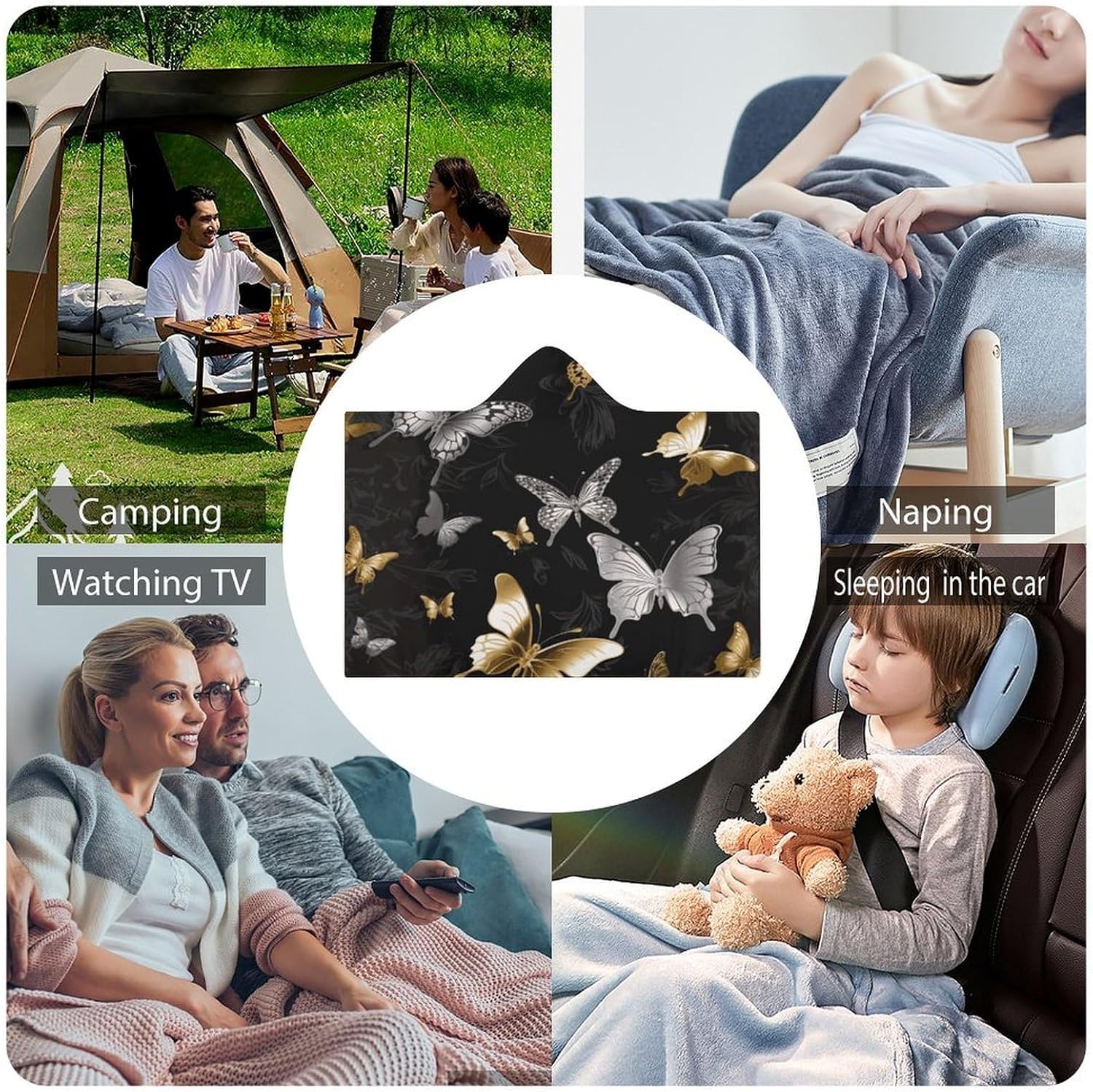 Gold White Butterflies Black Hooded Blanket Cozy And Functional,Wearable Blanket Hoodie for Women Men,Blanket Poncho Presents50 x60