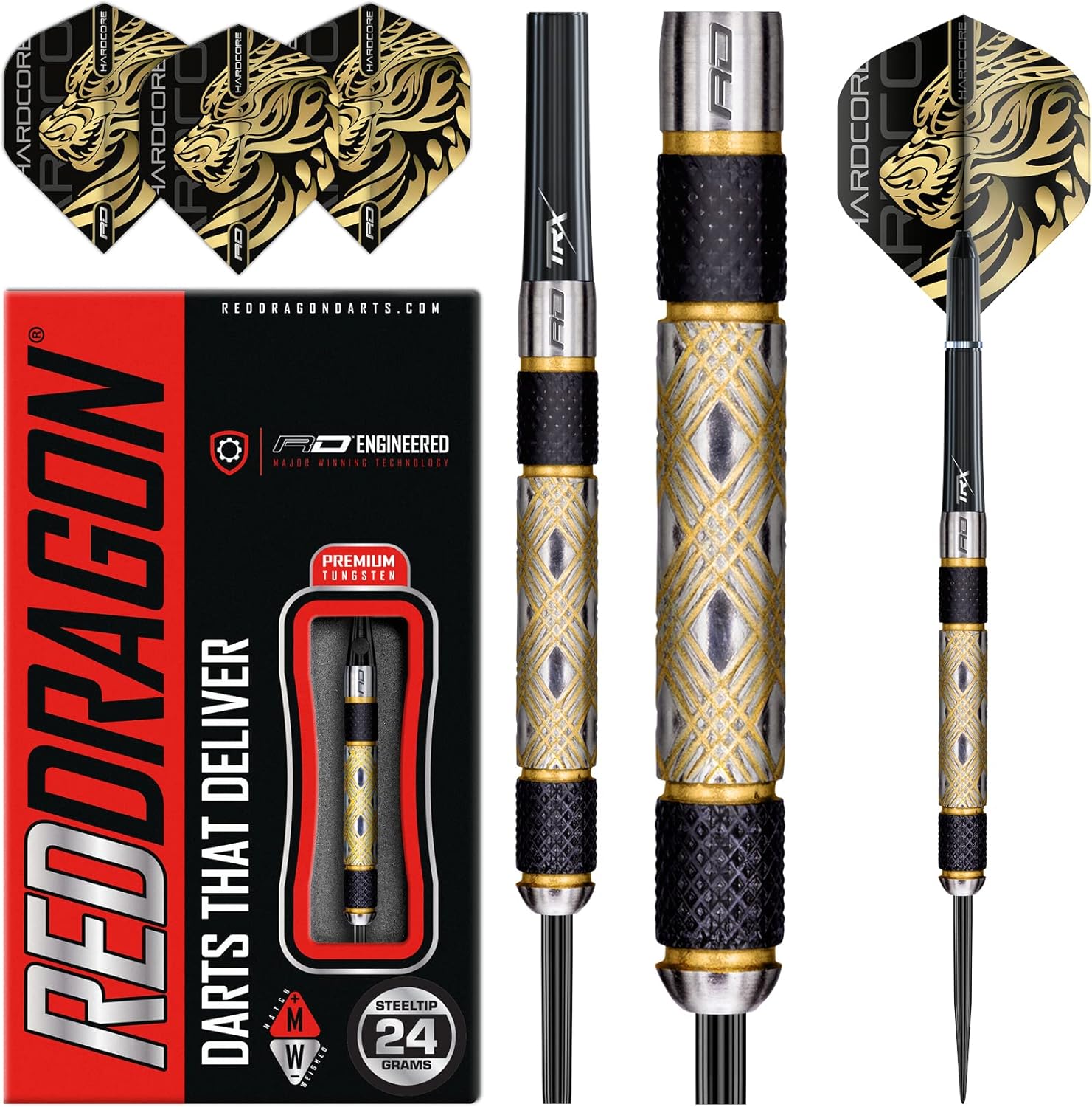 Red Dragon Golden Eye 1 24g Tungsten Darts with Flights and Stems