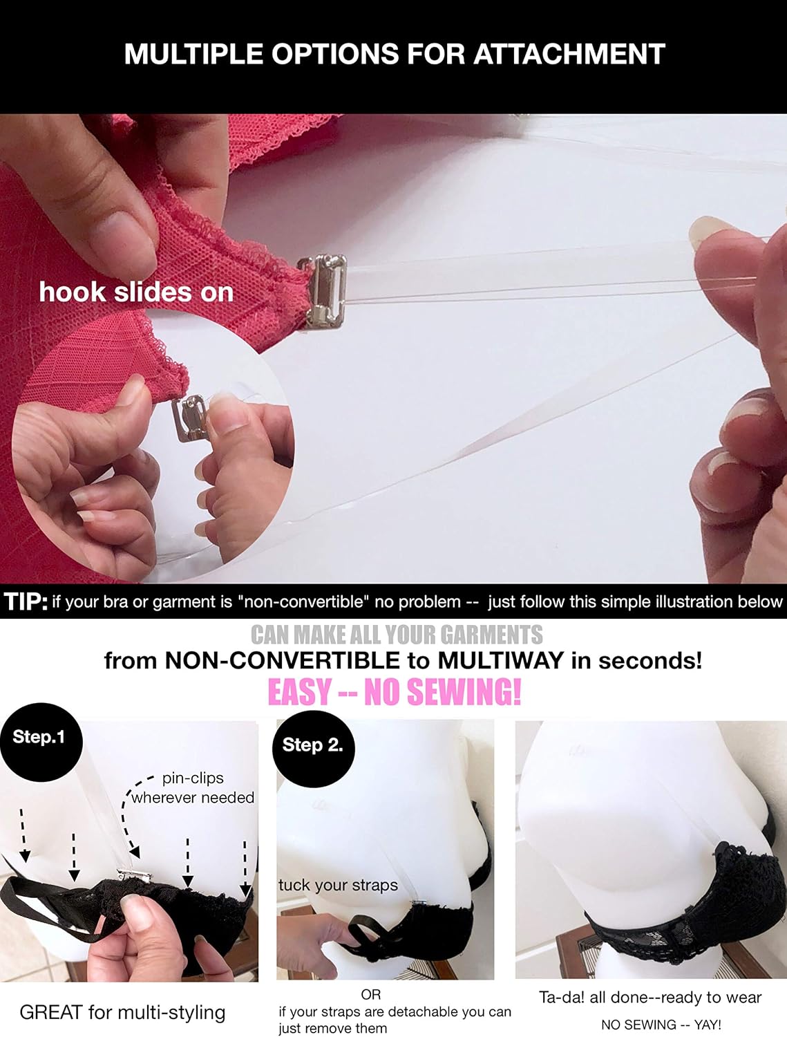 (No Sew No Slip) Clear Bra Straps, Adjustable, Strong Support by Pin Straps image 4