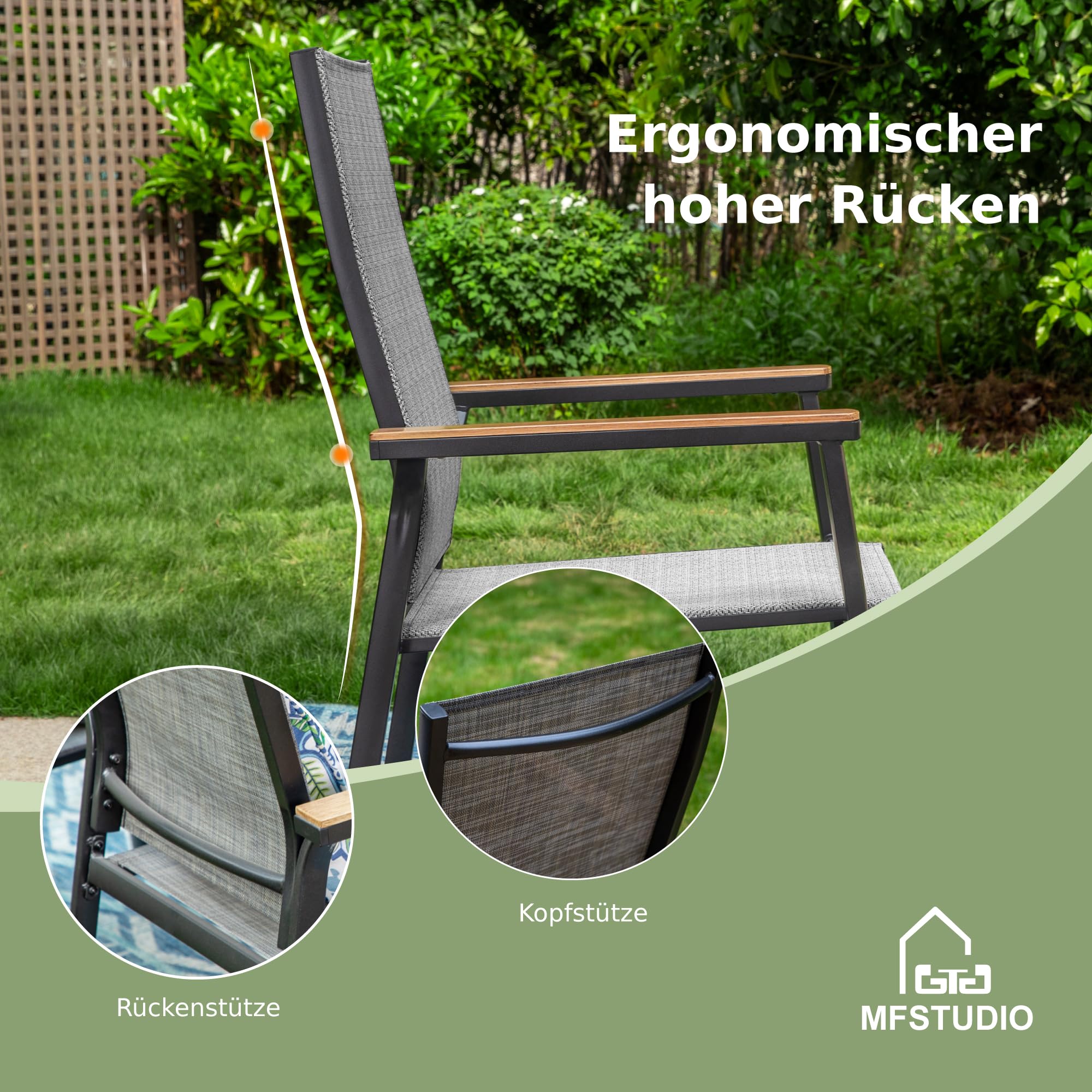 MFSTUDIO Gartenstuhl 2er Set Aluminium, Textilene Balkon Stühle Stapelbar mit Handlauf mit Holzmaserung, Outdoor Sessel für Terrasse, Balkon, Veranda, Wetterfest