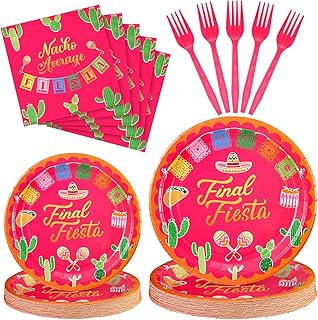 96 Pcs Final Fiesta Bachelorette Party Decorations Tableware Set Includes Paper Cactus Plates Napkins Forks Mexican Taco Themed Party Supplies Cinco De Mayo Bridal Shower for 24 Guests