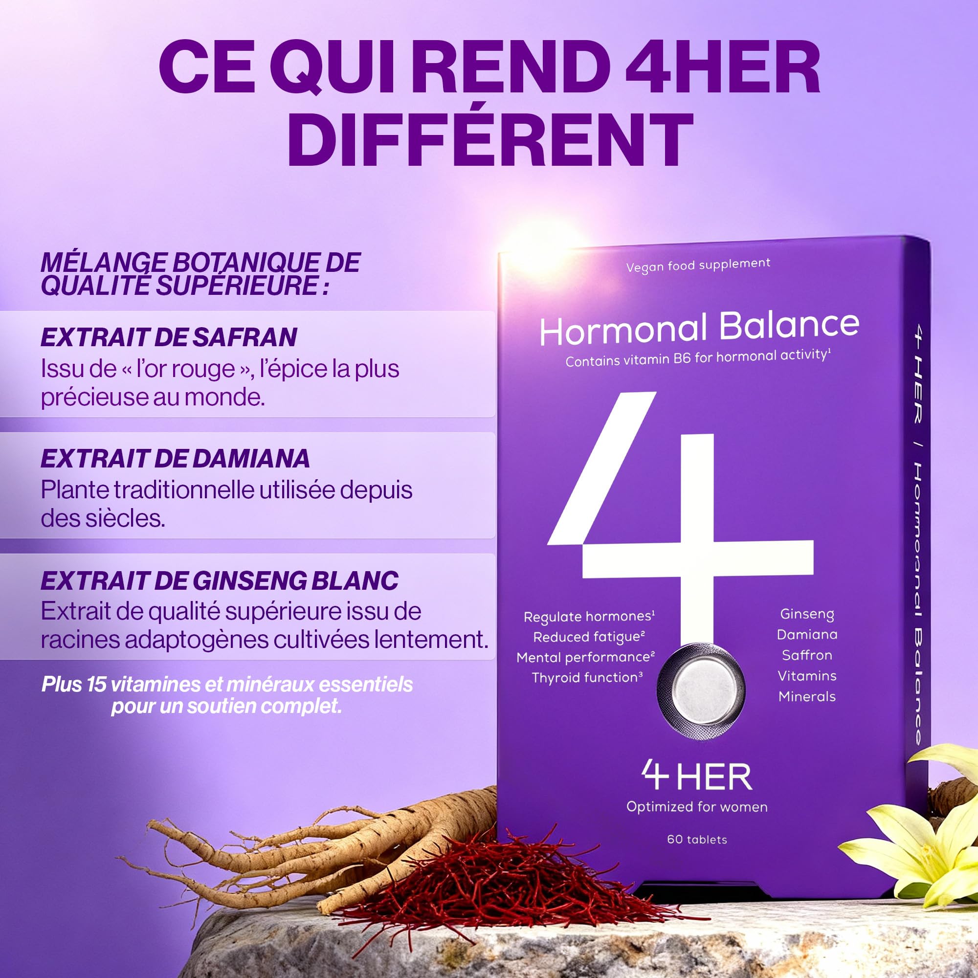 4 HER Périménopause Compléments et Vitamines Femme – Équilibre Hormonal, Safran et Ginseng – avec Vitamine B6 pour Fatigue & Activité Hormonale – 60 Comprimés Vegan (Cure 1 Mois) – GMP Certifié