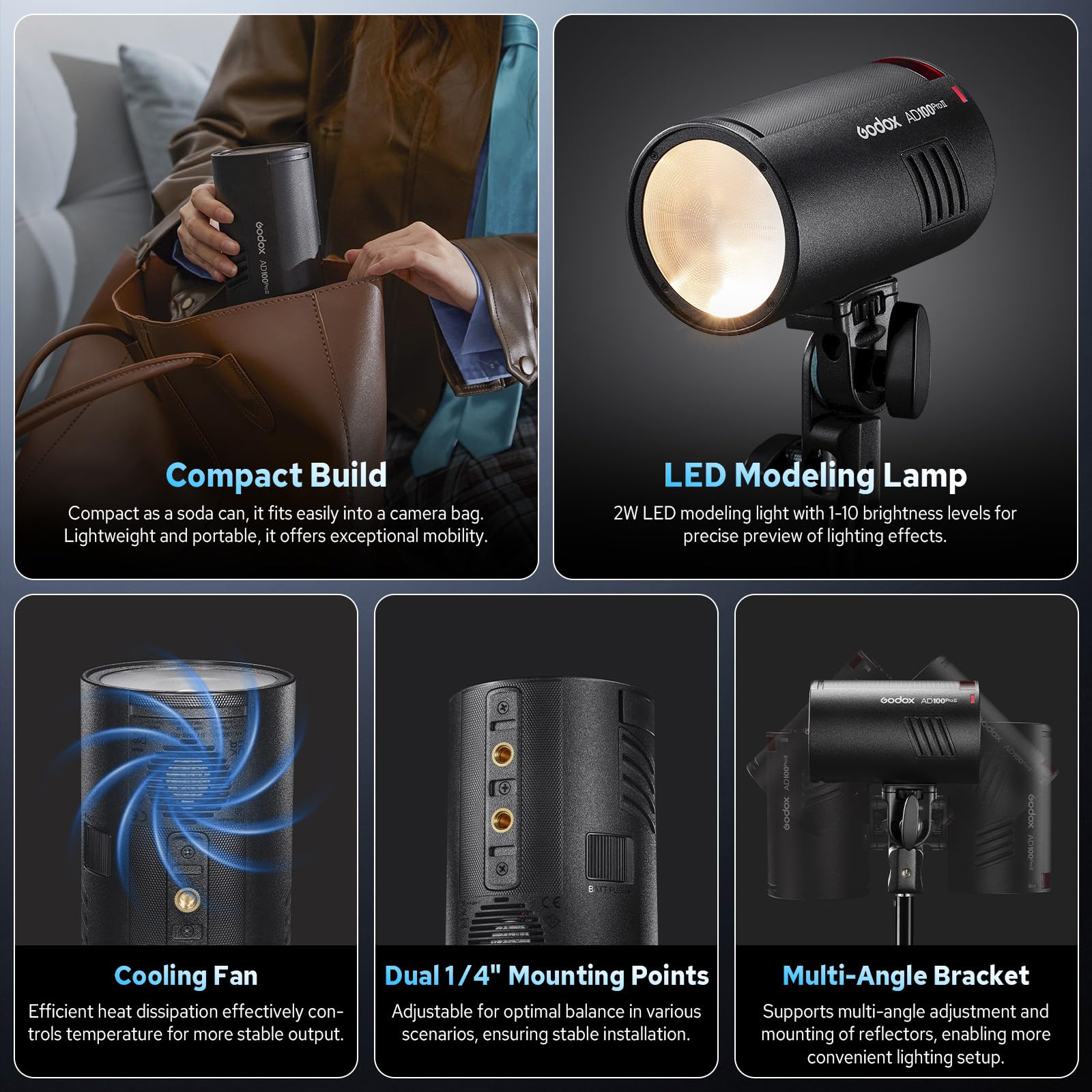 GODOX AD100Pro II AD100 Pro II Flash per Esterno, 100Ws TTL HSS 1/8000s Flash Portatile Monoluce, Batteria 2850mAh, Tempo di Ricarica 0.01-1.5s, Sincronizzazione One Tap con Trigger X3