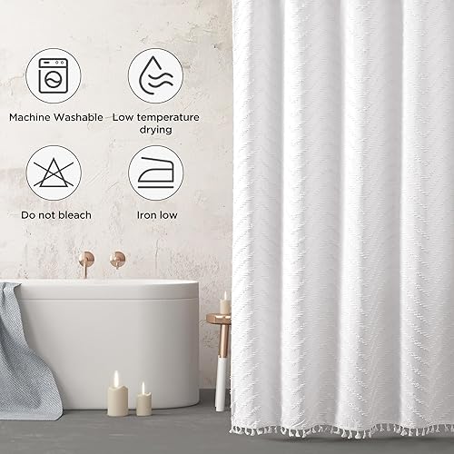 Miniatura 7 de Cortina de ducha bohemia blanca de tela tejida de 72 x 78 pulgadas, moderna cortina de ducha de baño con textura de estilo rústico copetudo,
