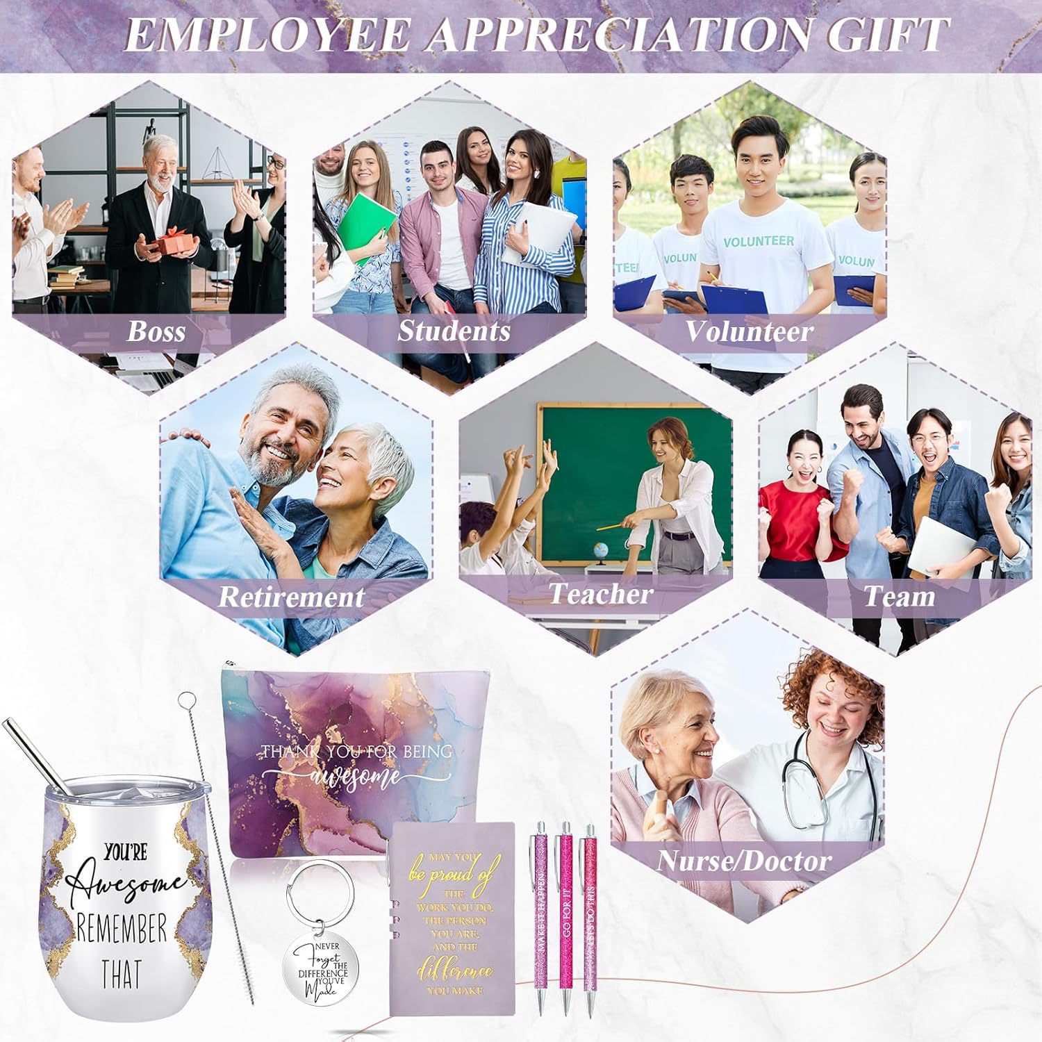 Domensi 7 Pcs International Womens Day Gift Employee Appreciation for Nurse Makeup Bag Tumbler Keychain Notebook Ballpoint Pen for Teacher Professional Dental Medical Assistant Staff Coworker(Purple) - Image 7