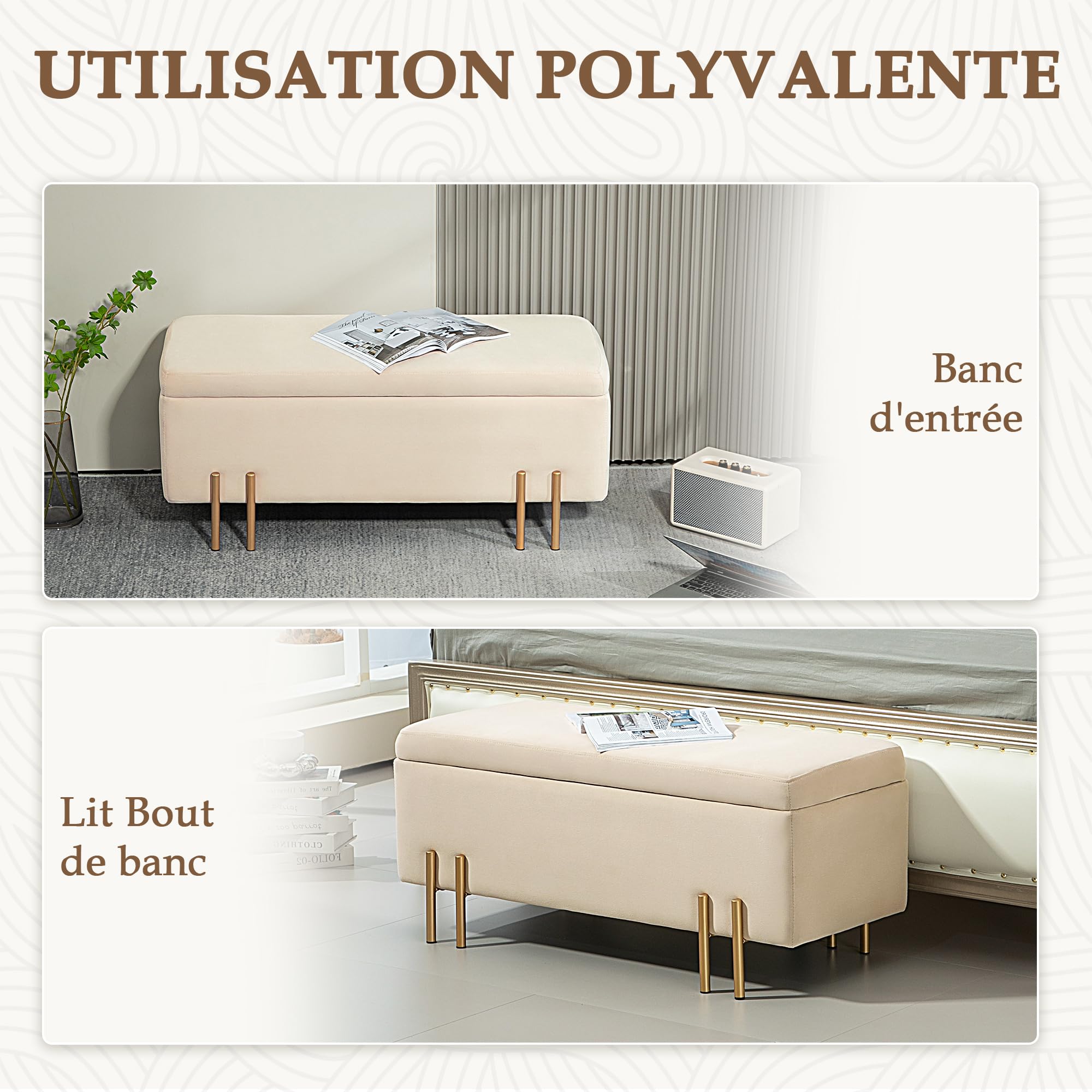 HOMCOM Banc de Rangement Design Contemporain 100L x 40l x 42H cm Beige | Coffre de Rangement, Banc avec Espace de Stockage, Velours, Piètement Métal Doré, Meubles pour Entrée