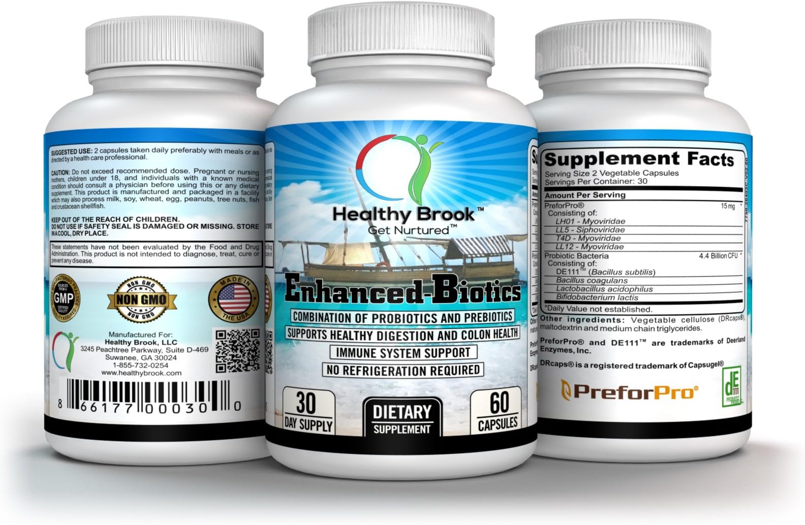 Probiotic and Prebiotic, Probiotic DE111™ and Prebiotic PreforPro®, Enhanced-Biotics, probiotic DE111 bacillus subtilis is spore forming, acid resistant, probiotic acidophilus, bacteriophage, 60 cap