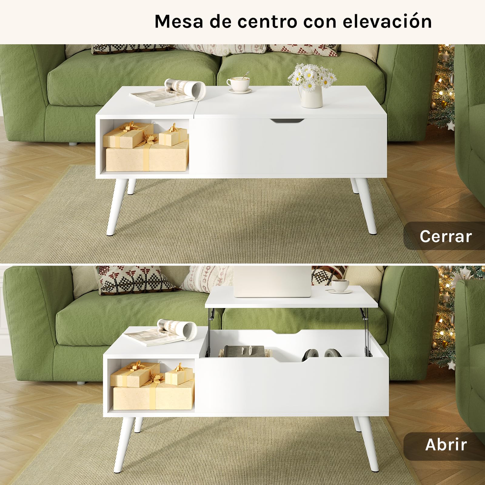 WOLTU Mesa Centro Elevable, Mesita Salon con Espacio Interno y Compartimento Abierto, Mesa de Salón Elevable y Extensible, Mesilla Auxiliar Multifuncional, 100x50x(43-57) cm, Blanco, BTS26ws