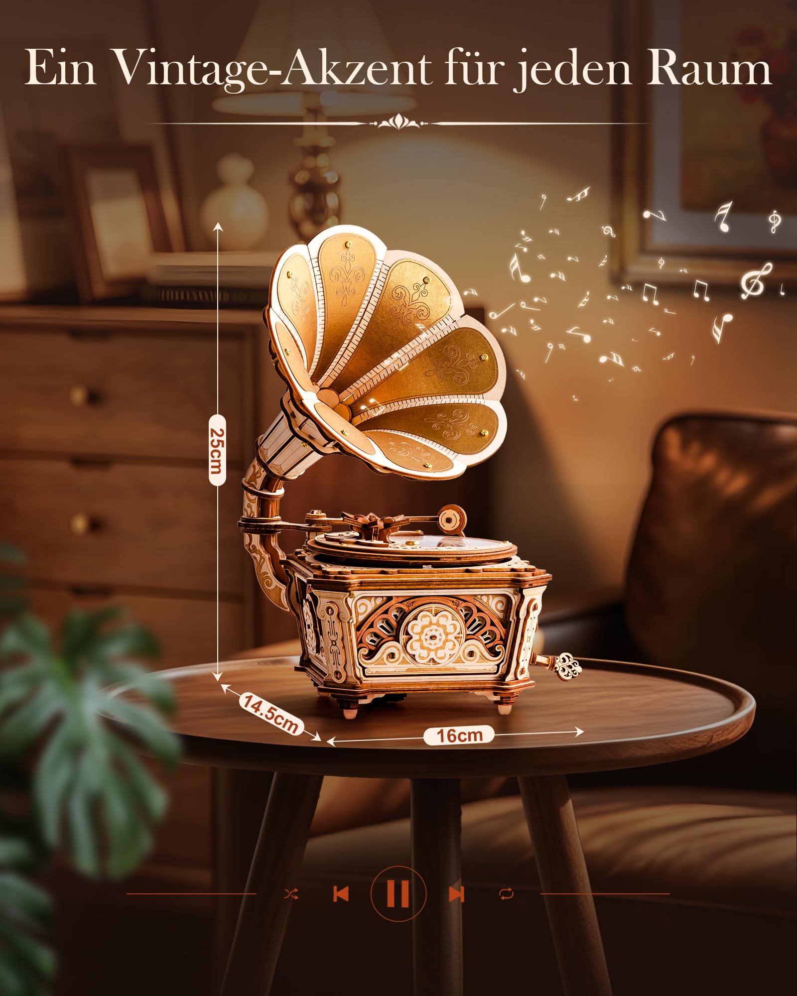 Robotime Spieluhr Grammophon, DIY, 3D-Puzzle aus Holz für Erwachsene, mechanisches Vintage-Modell mit beweglichen Zahnrädern, drehbares Tablett, kreatives Schreibtisch-Dekoration, Geschenk, 200 Teile
