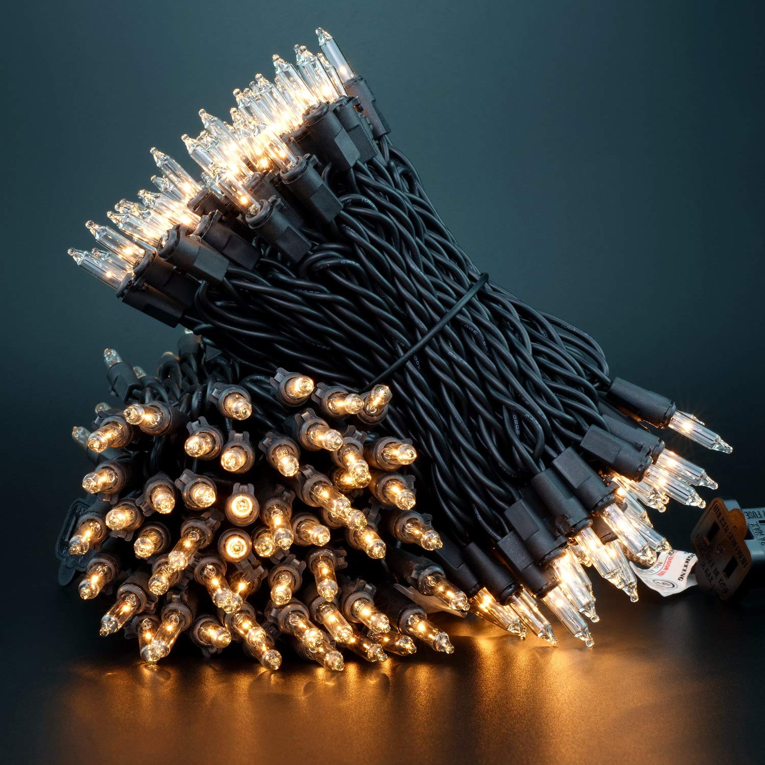 Luces de Navidad transparentes con cable negro, paquete de 2 juegos de 100 luces navideñas de 33 pies con certificación UL (transparente, cable negro) 5