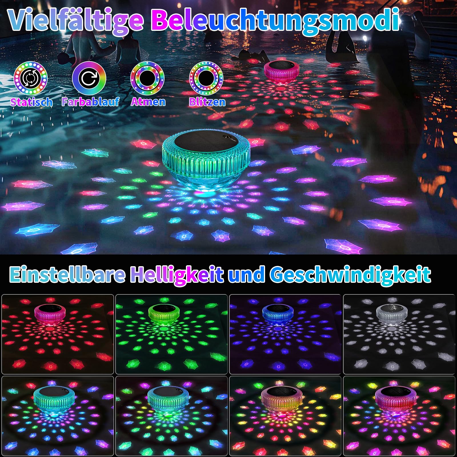 SIBI LIGHTING Schwimmende Poolbeleuchtung Solar, RGBW Poollicht mit Fernbedienung, IP68 Wasserdicht Pool Beleuchtung für Schwimmbad, Teich, Party, 2 Stück