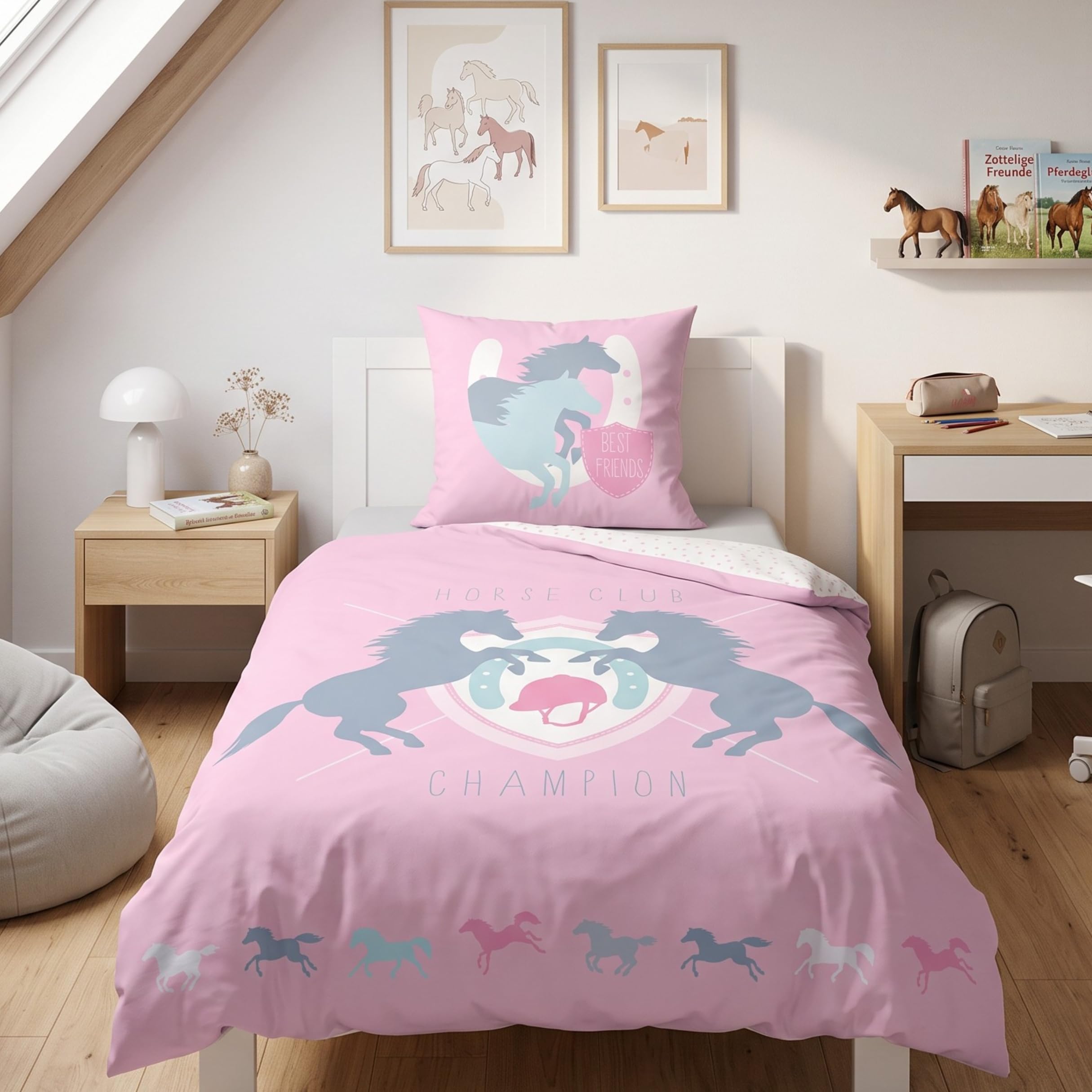Caballos Juego de Ropa de Cama de Franela de · Chica Cama · Cama Infantil · Best Friends · Caballo & Puntos en Rosa, Color Blanco - Almohada 80 x 80 + Funda Nórdica 135 x 200 cm
