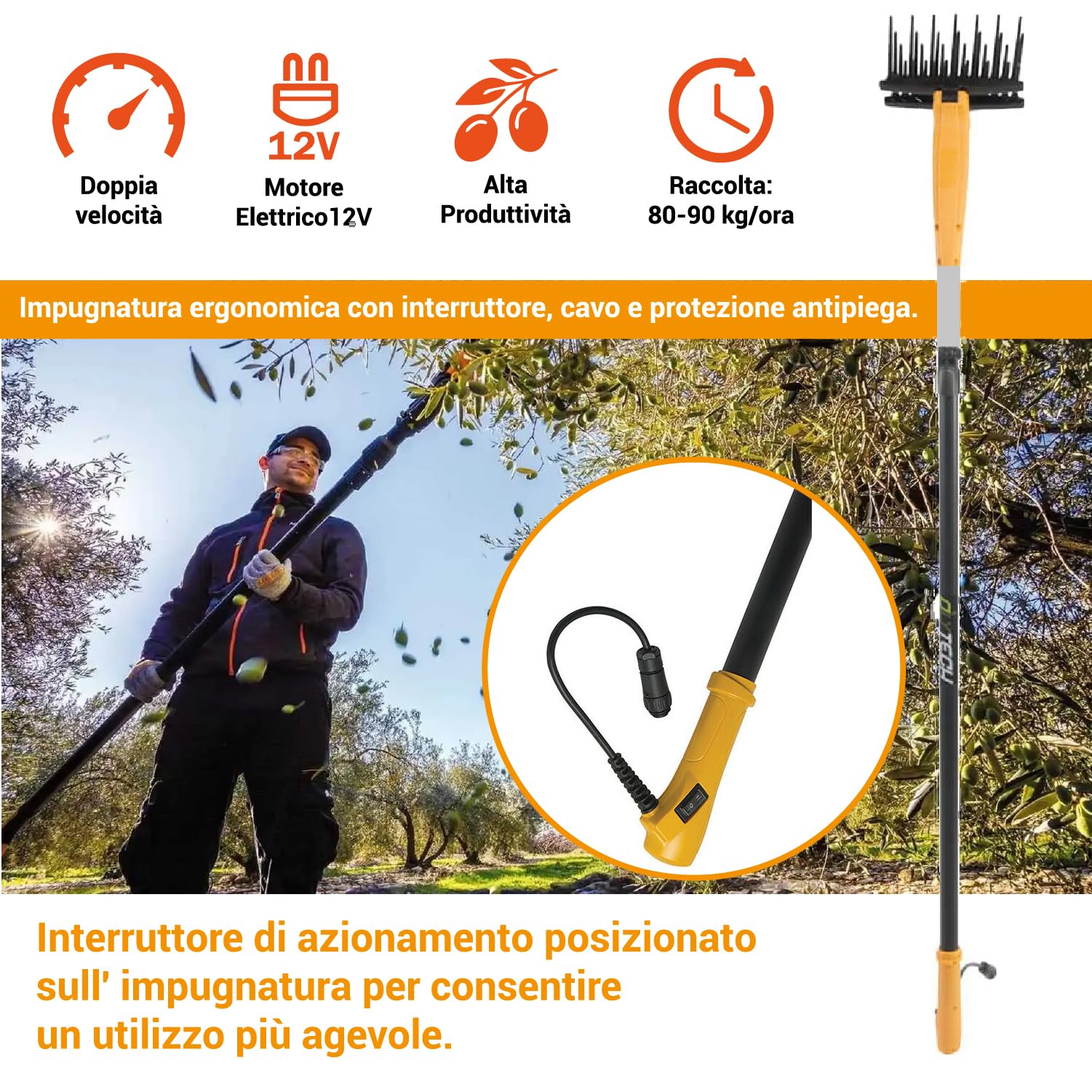 Crisalide® - Olytech Dualcomb 13 Scuotitore Raccogli Olive Abbacchiatore Scuotiolive a Batteria - Nero