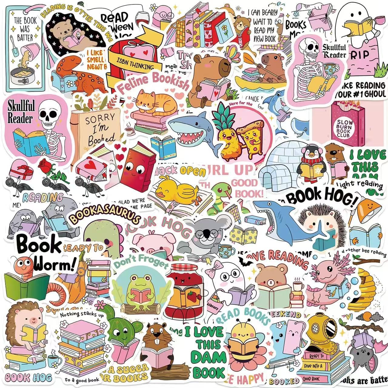 Bookish Puns Stickers, Funny Book Puns Stickers, Water Bottle Laptop Scrapbooking Decals, Readers Gifts(50 Pack)