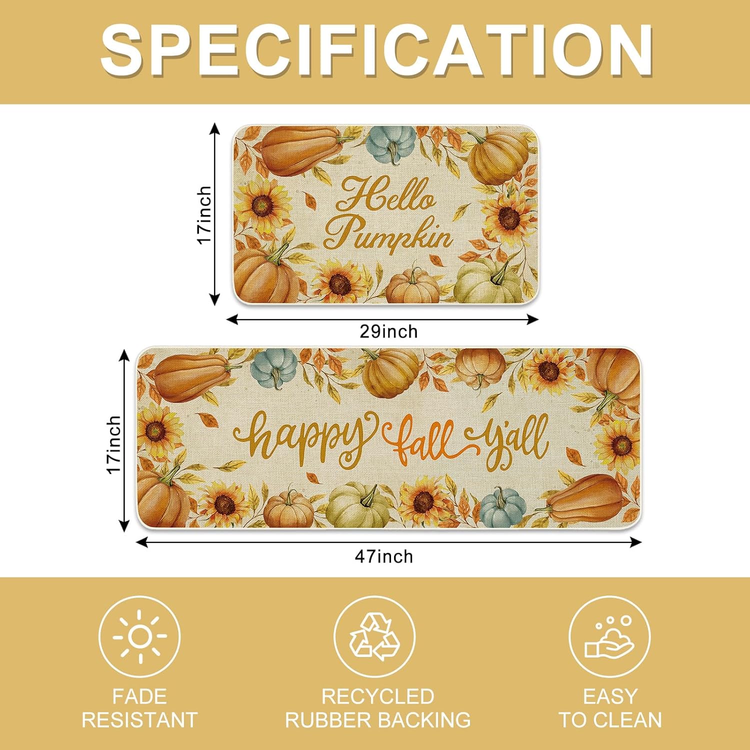 JarThenaAMCS 2Pcs Fall Kitchen Mats Pumpkin Sunflower Welcome Floor Mat Non-Slip Door Rugs for Autumn Harvest Thanksgiving Indoor Outdoor Bathroom, 17 x 29 Inch & 17 x 47 Inch