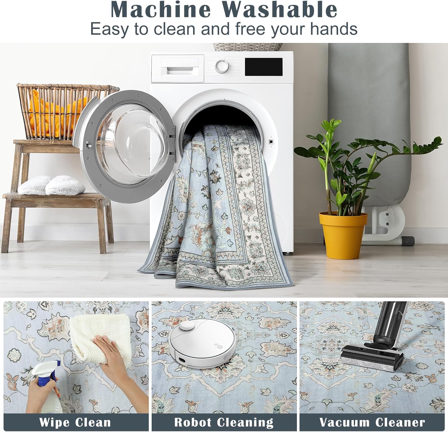 4x6 Light Blue Washable Boho Area Rug for Living Room, Vintage Floral Non Slip Bedroom Rugs, Wool Low Pile Indoor Mat, Aesthetic Pattern Carpet for Kitchen, Office and Bedside