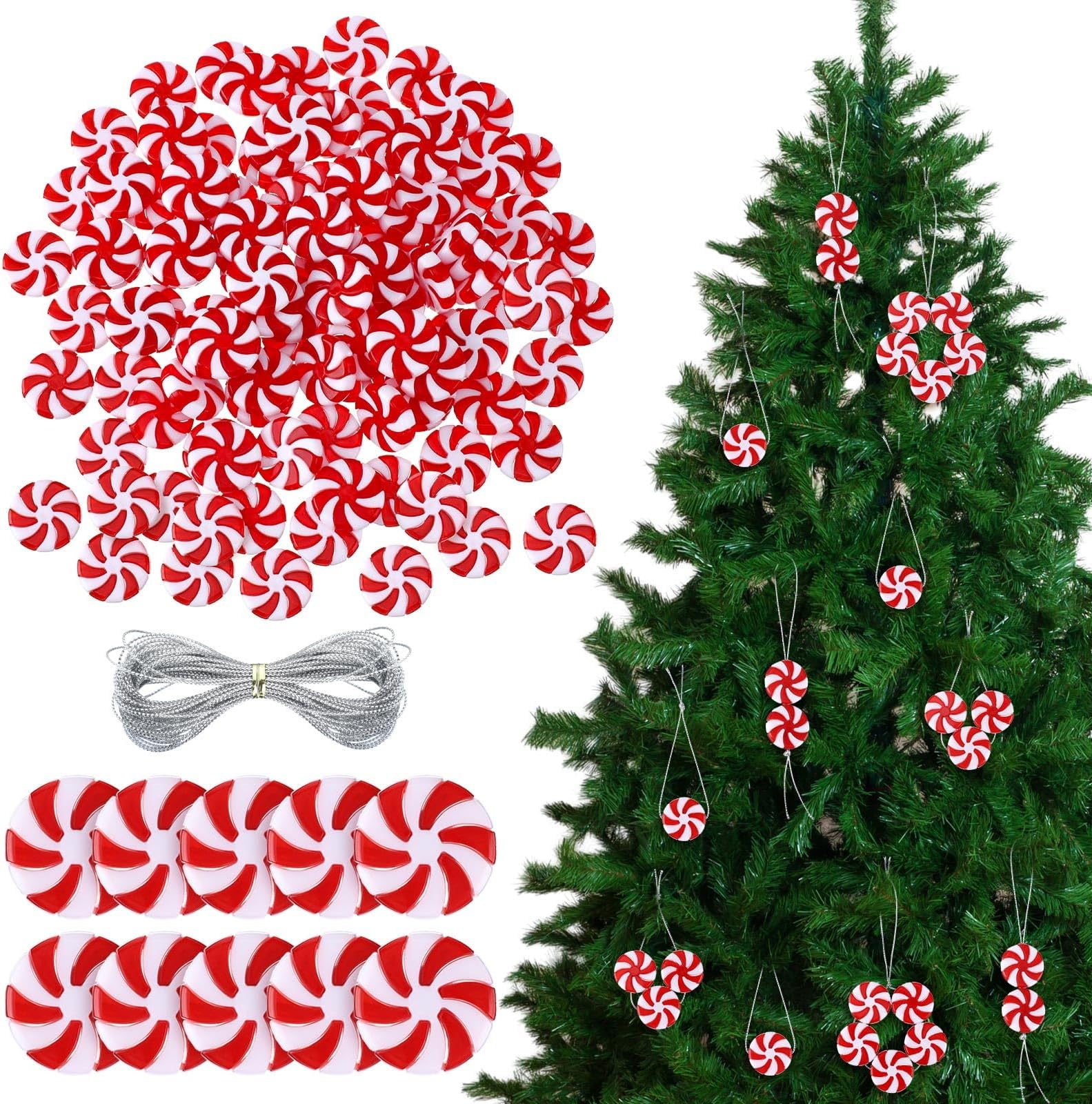 Christmas Candy Cane Ornaments Peppermint Candy Decorations Plastic Candy Canes for Crafts Mini Candy Cane Christmas Hanging Ornaments for Christmas Tree Home Decor (Round Candy Style,100 Pcs)