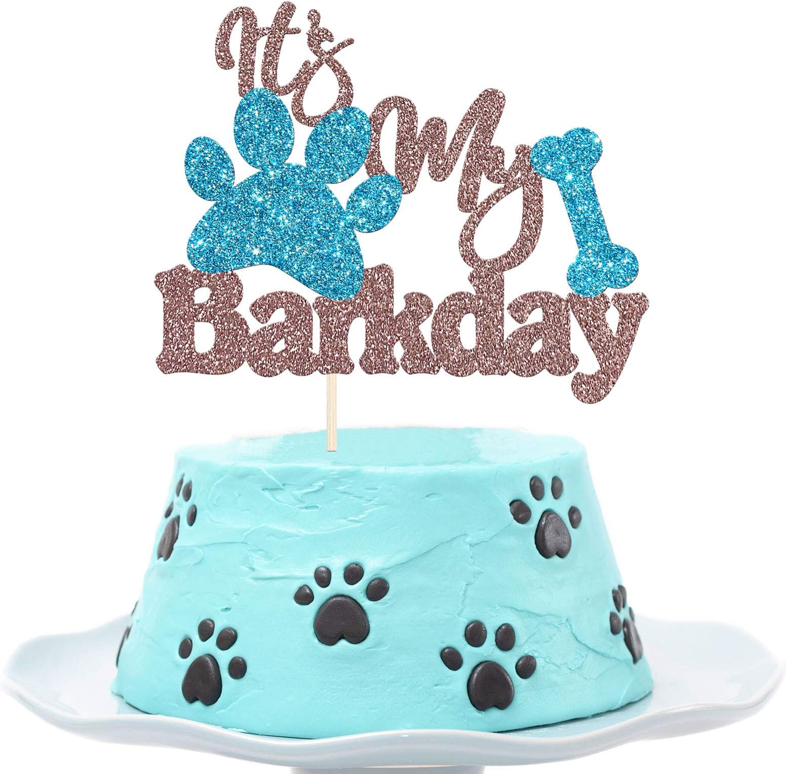 Festiko® It’s My Barkday Cake Topper for Puppy Celebration, Pet Dog Birthday Decor, Rose Gold & Blue Glitter Party Supplies with Paw Bone Design for Canine Event Decoration