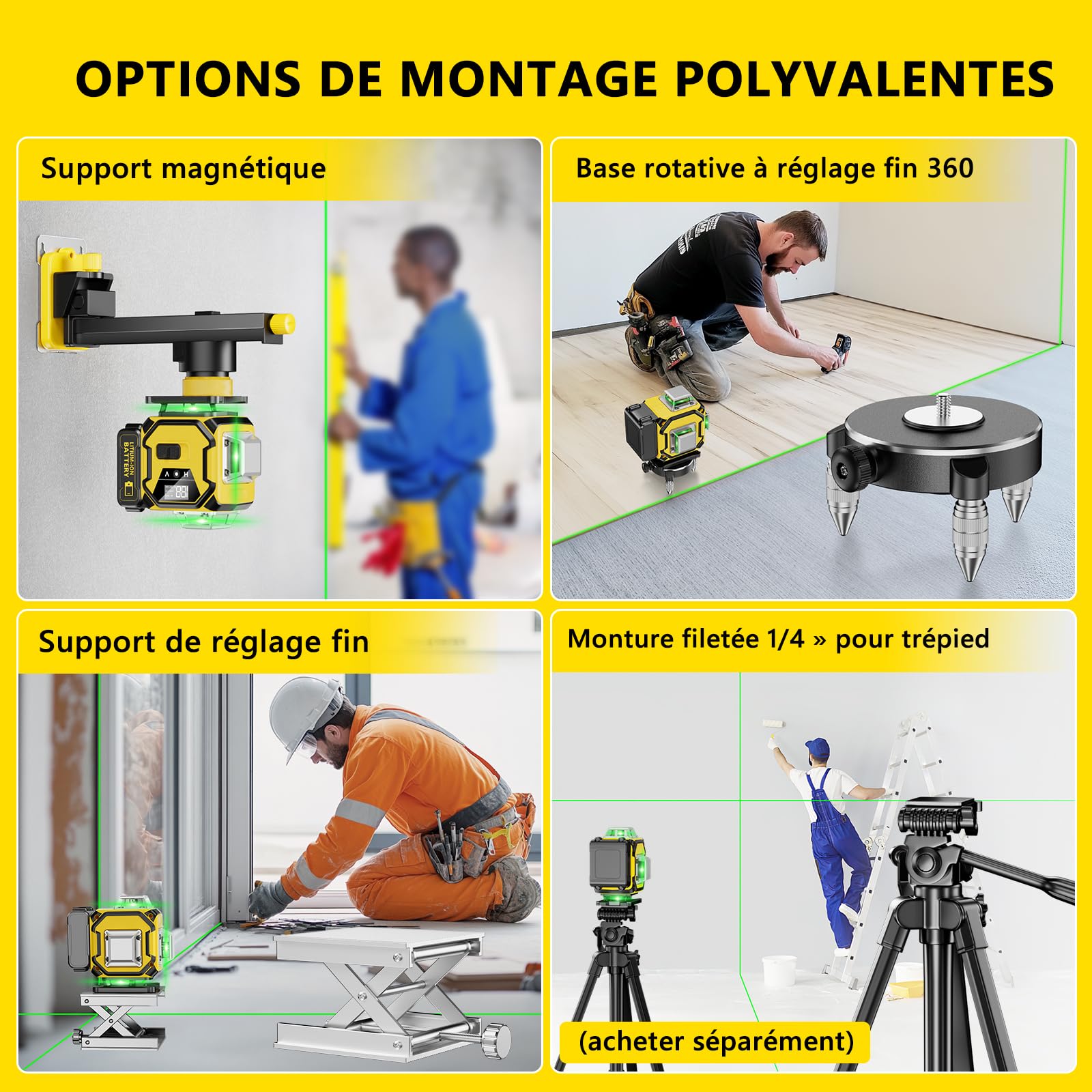 Niveau Laser Chantier Autonivelant 360° x 4, Lazer Niveaux 4D 16 Lignes Laser, Autonivellement et Mode Pulsé Extérieur, 2 x Batterie, Nivellement Automatique, Support Rotatif, Télécommande
