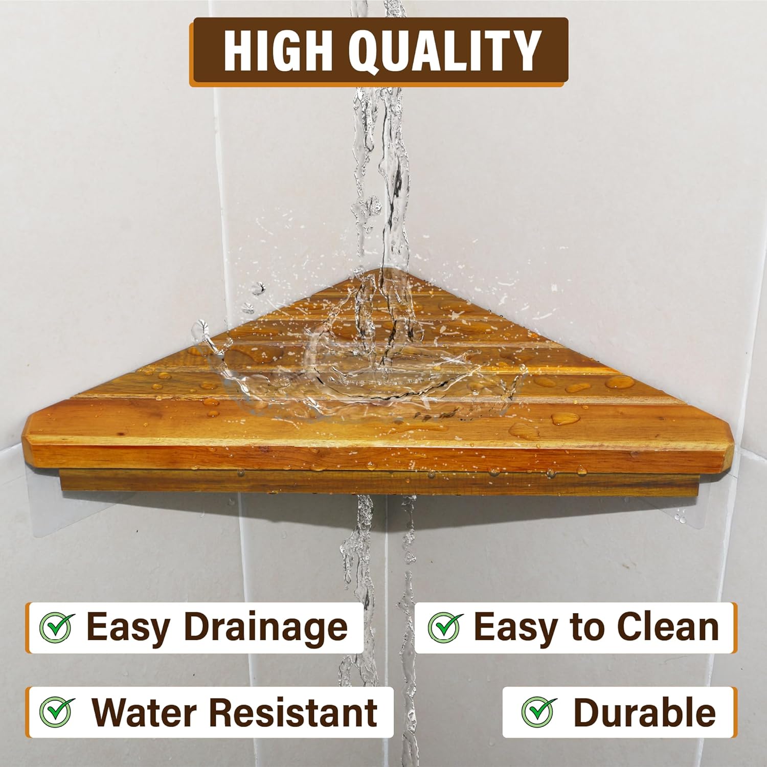 Wooden Corner Shower Shelf Triangular Corner Shelf Wooden Bathroom Shelf for Tiled Wall, 2 Pack Shower Corner Shelf, No Drilling Requied