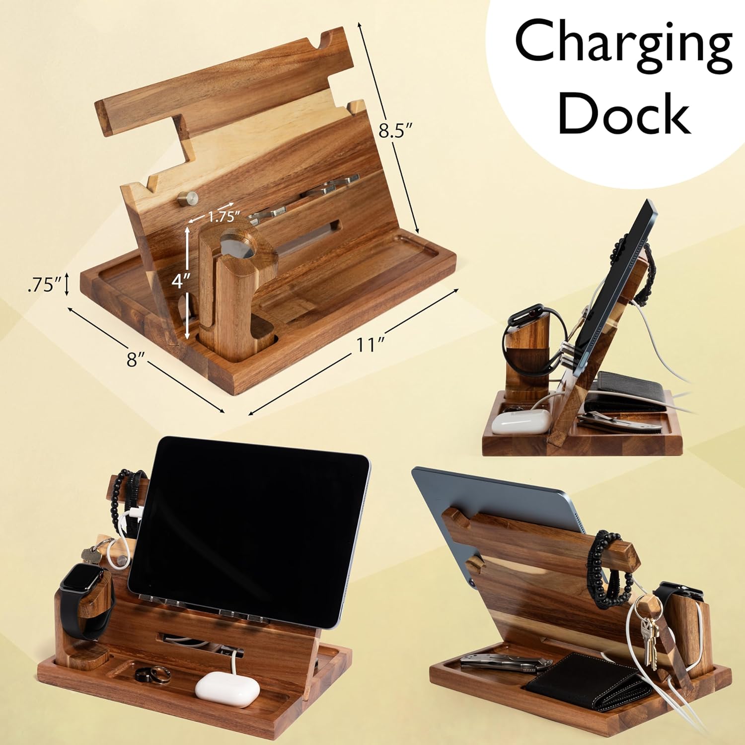 Wood Phone Docking Station for Men, Nightstand Organizer, Gifts for Him from Daughter Son Wife, Christmas Anniversary Birthday Gift Ideas for Husband Him