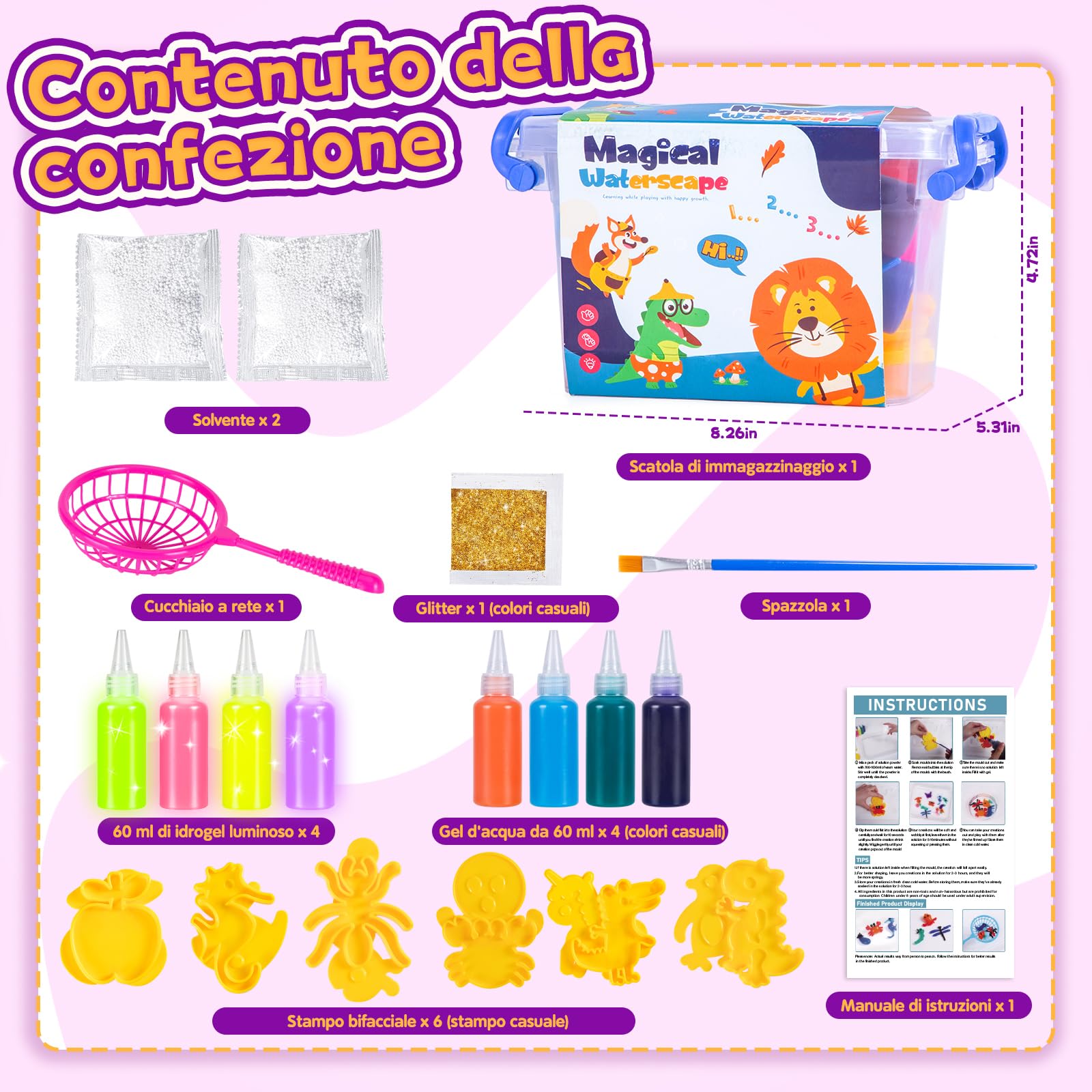Gel d'acqua magico che brilla al buio Kit Elfi Magici con 12 creature Giocattoli sensoriali con perle d'acqua per bambini e bambine dai 3 anni in su 3D Aqua Park Set per bambini Regalo di compleanno