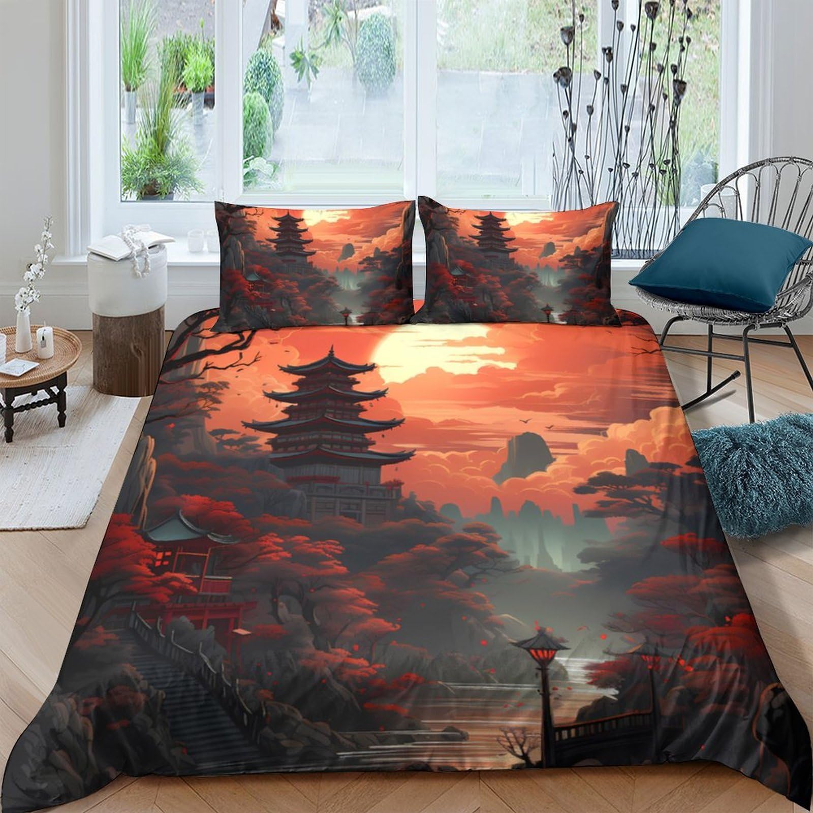 Ctjqhvkz Style-9 3D Printed Japanese Sunset Pagoda Fitted Sheet Microfiber Anti-Slip Bed Cover For Bedroom Decor Easy Care Single（135X200cm）