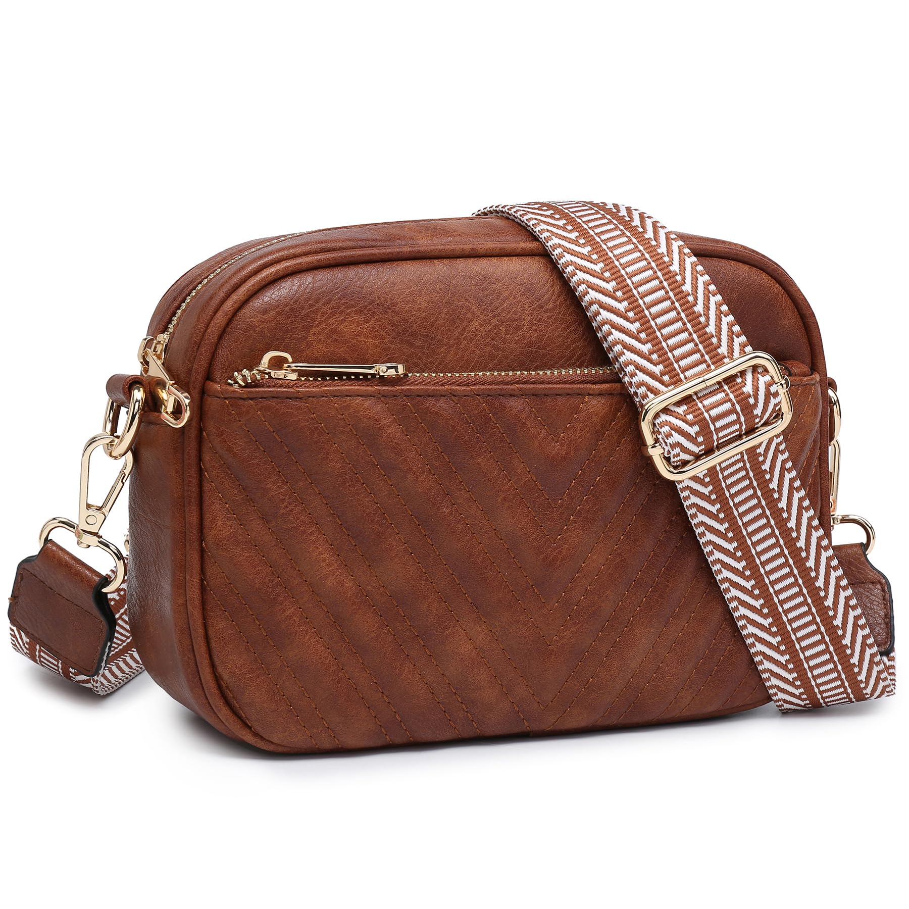 Crossbody Bags for Women Triple Zip Vegan Leather Camera Purses Small Shoulder Handbags with Wide Strap