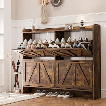 MU Shoe Storage Cabinet with 4 Flip Drawers, Freestanding Shoe Cabinet, Shoe Organizer with Wood Legs for Entryway, Slim Shoe Cabinet, Rustic