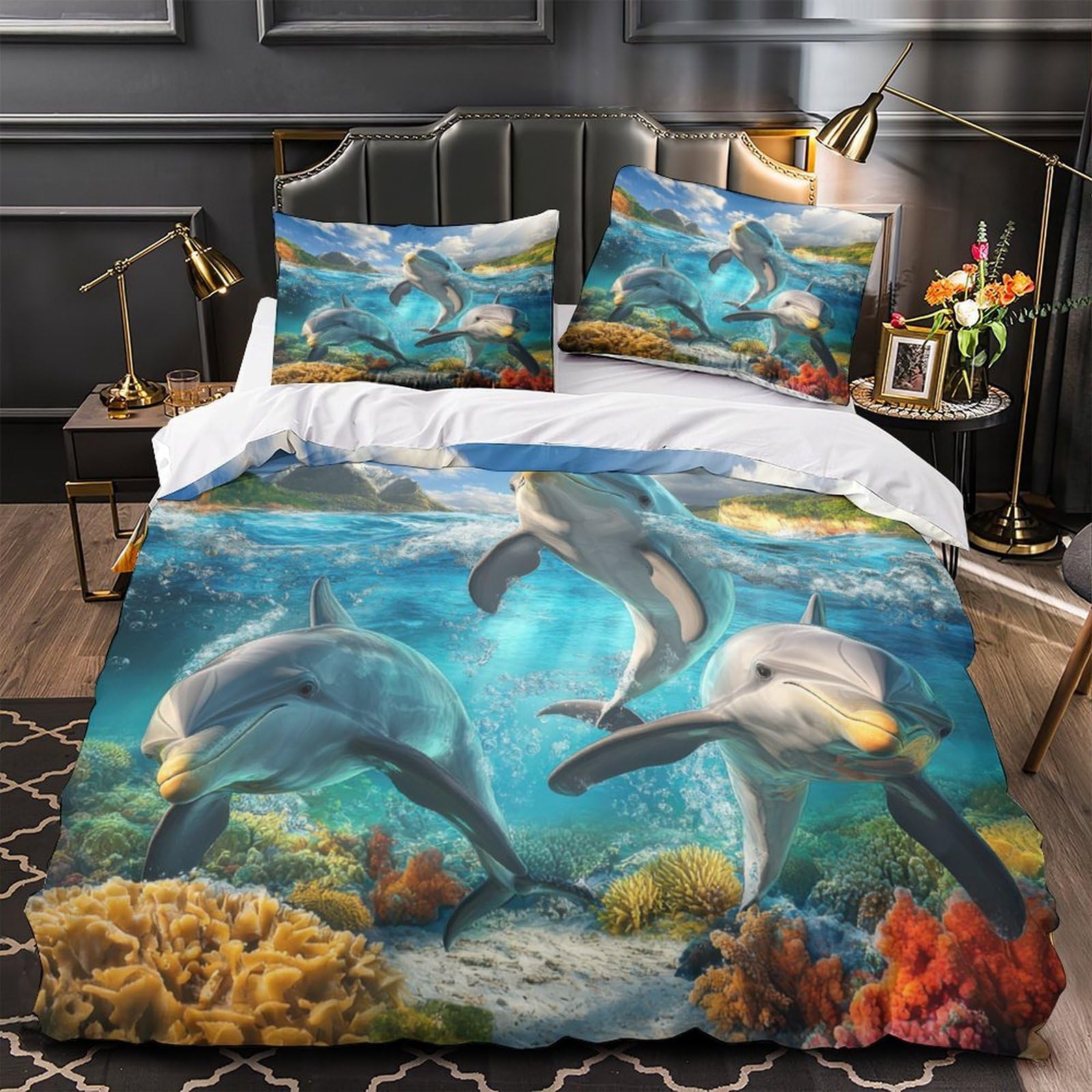 Parure de lit dauphin 3D en microfibre résistante avec fermeture éclair 200x200cm