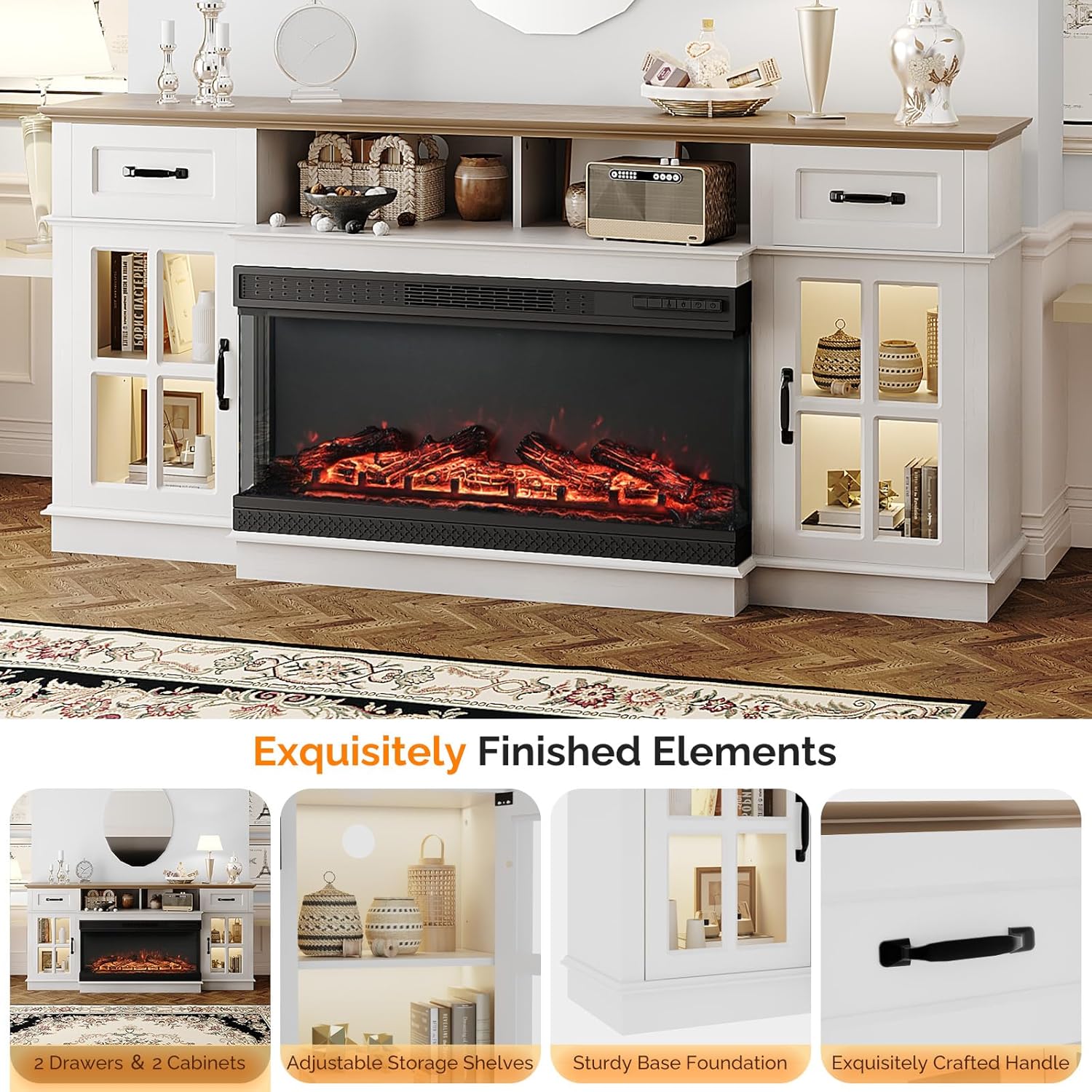 VINGLI Fireplace TV Stand up to 80'' TVs, 3-Sided Glass Entertainment Center with Electric Fireplace Heater & Glass Doors and Drawers, Fireplace Media Console Table with LED Light, Living Room, White