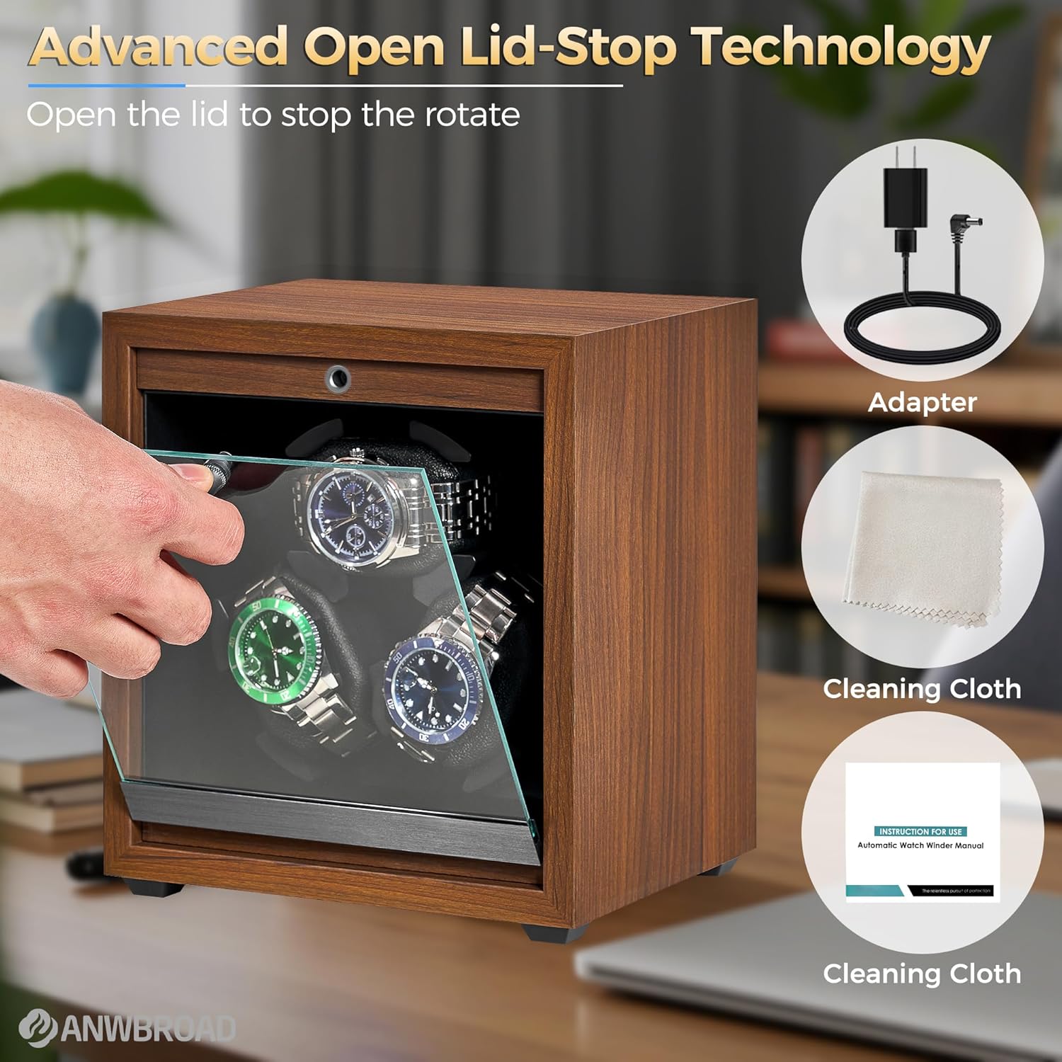 ANWBROAD Watch Winder for Automatic Watches, Wooden 3 Watch Winders, 4 Modes Automatic Watch Winder Box with Quiet Japan Motor, LED Watch Spinner with Foam Pillows, AC Adapter for Man UJWW013M