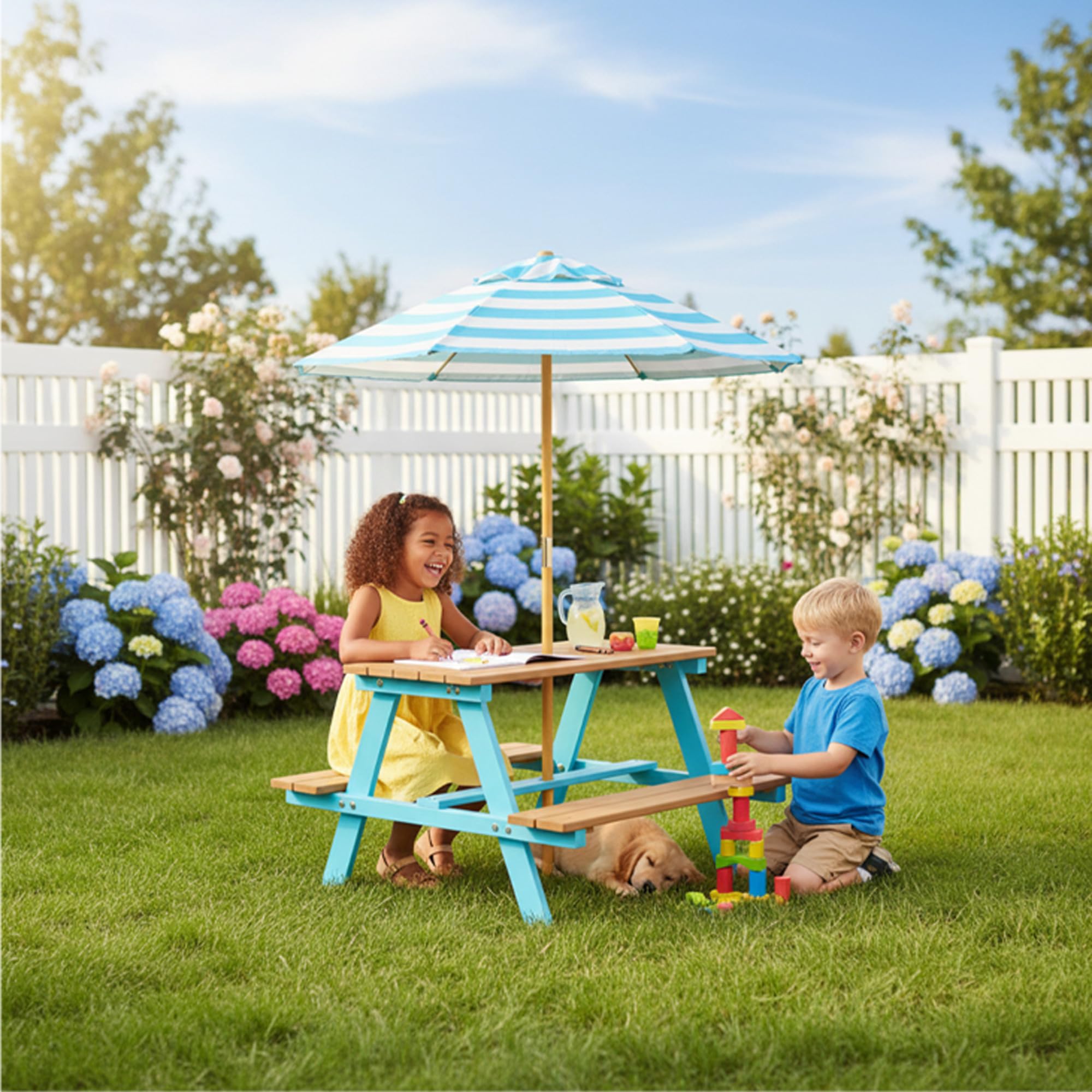 Teamson Kids Mesa de Picnic de Madera Dakota con Parasol a Rayas – Mesa y Bancos de Exterior para niños, Azul