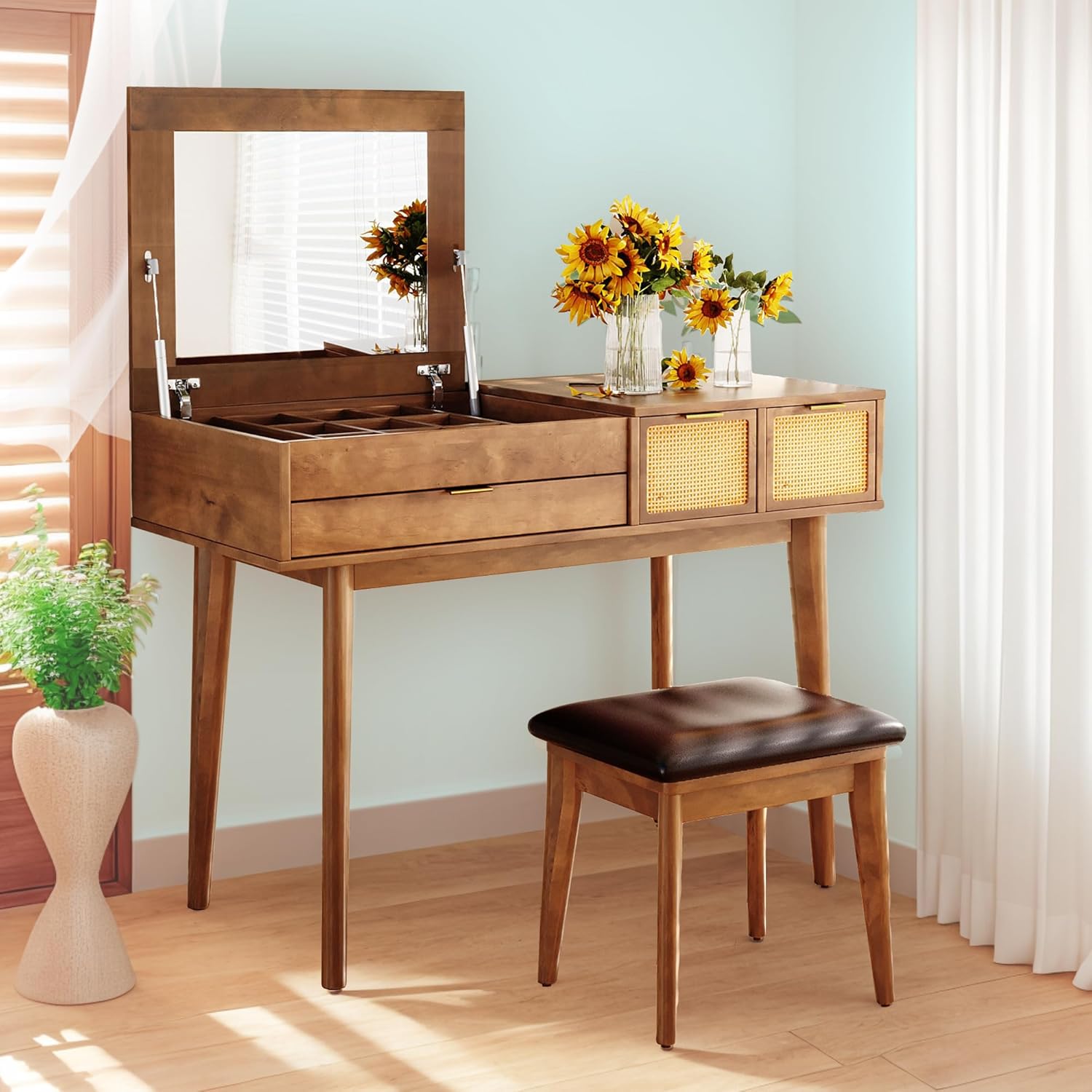 43" Wood Makeup Vanity Desk with Flip-top Mirror and 3 Drawers, Modern Vanity Dressing Table Set with Storage Space and Cushioned Stool, Brown Vanity Makeup Desk Set for Bedroom