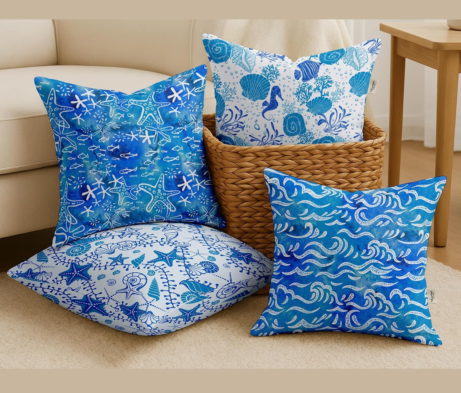 16x16, Cotton Cushion Covers Set of 4 Printed Throw Pillow Covers with Hidden Zip, Double Sided Design - Blue, Ocean Design