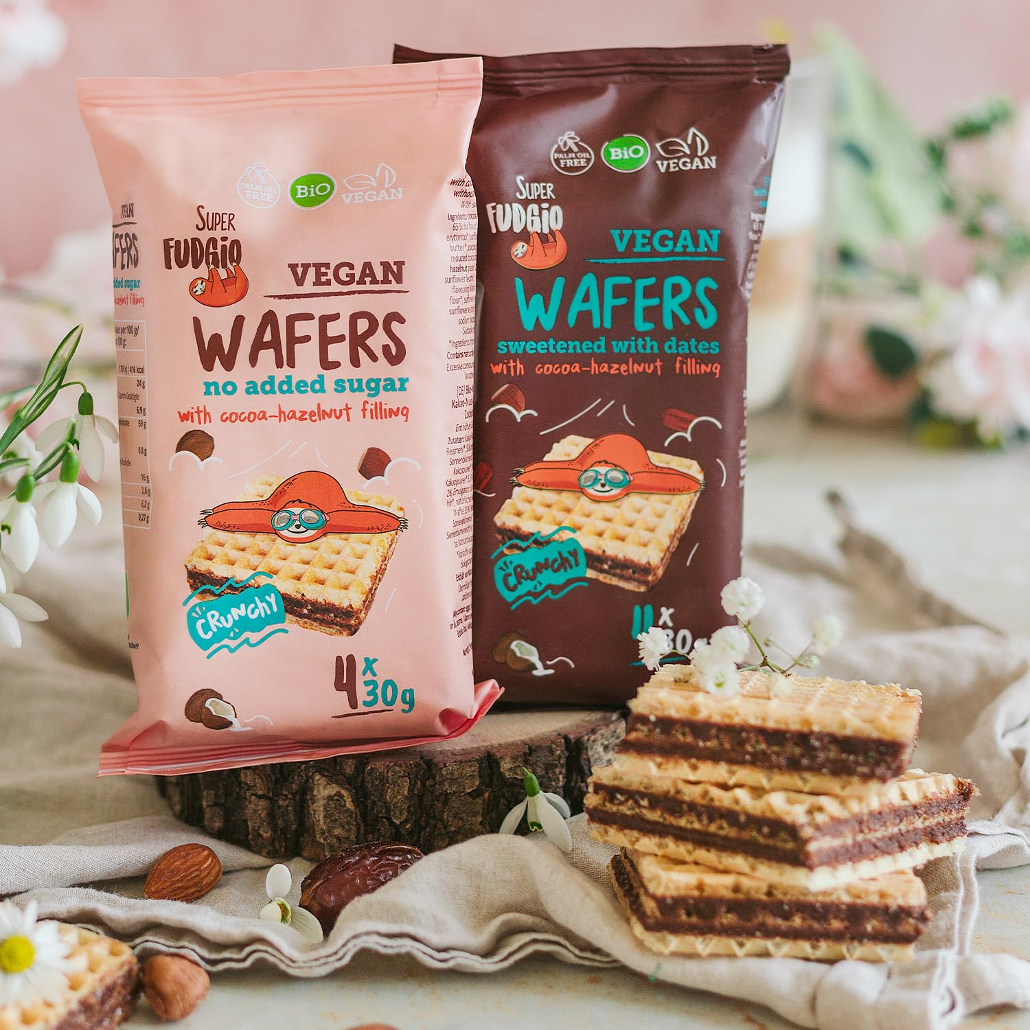 SUPER FUDGiO Bio gofres con crema de cacao y avellana | Endulzado con dátiles en lugar de azúcar | sin aceite de palma | Snack vegano 4 x 30 g (8 unidades)