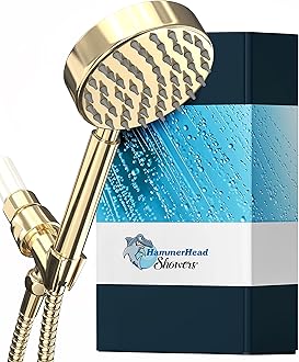 HammerHead Showers® ALL METAL Handheld Shower Head with Hose and Brass Holder - POLISHED BRASS - 2.5 GPM High Pressure Shower Heads with Adjustable Shower Wand Bracket - 6ft Flexible Extension