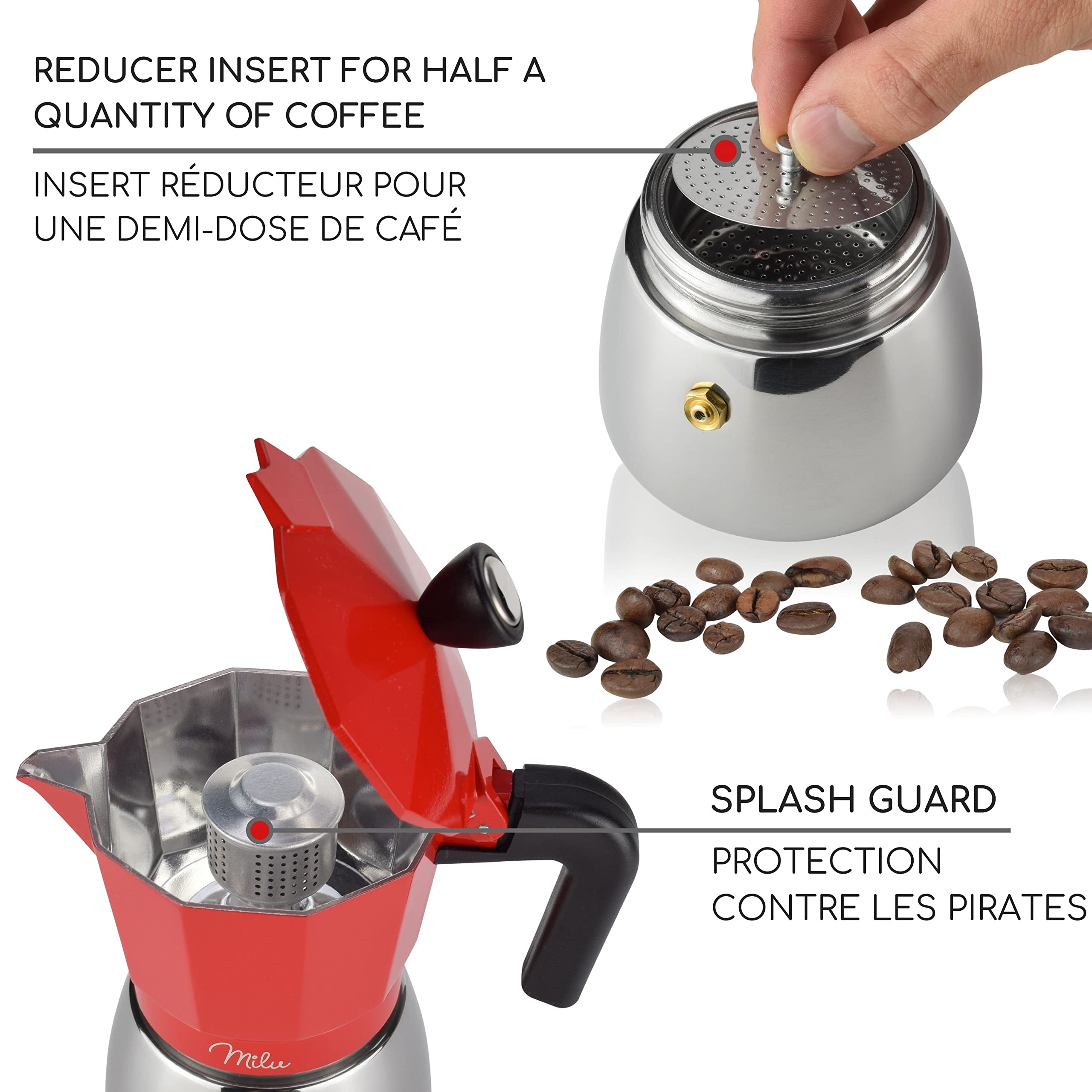 Milu cafetière Italienne Induction | 3, 6, 9 Tasses | Cafetière Moka en Aluminium, Espresso Maker, Ensemble comprenant un sous-verre, une cuillère, un pinceau (Noir, 3 tasses (150ml)