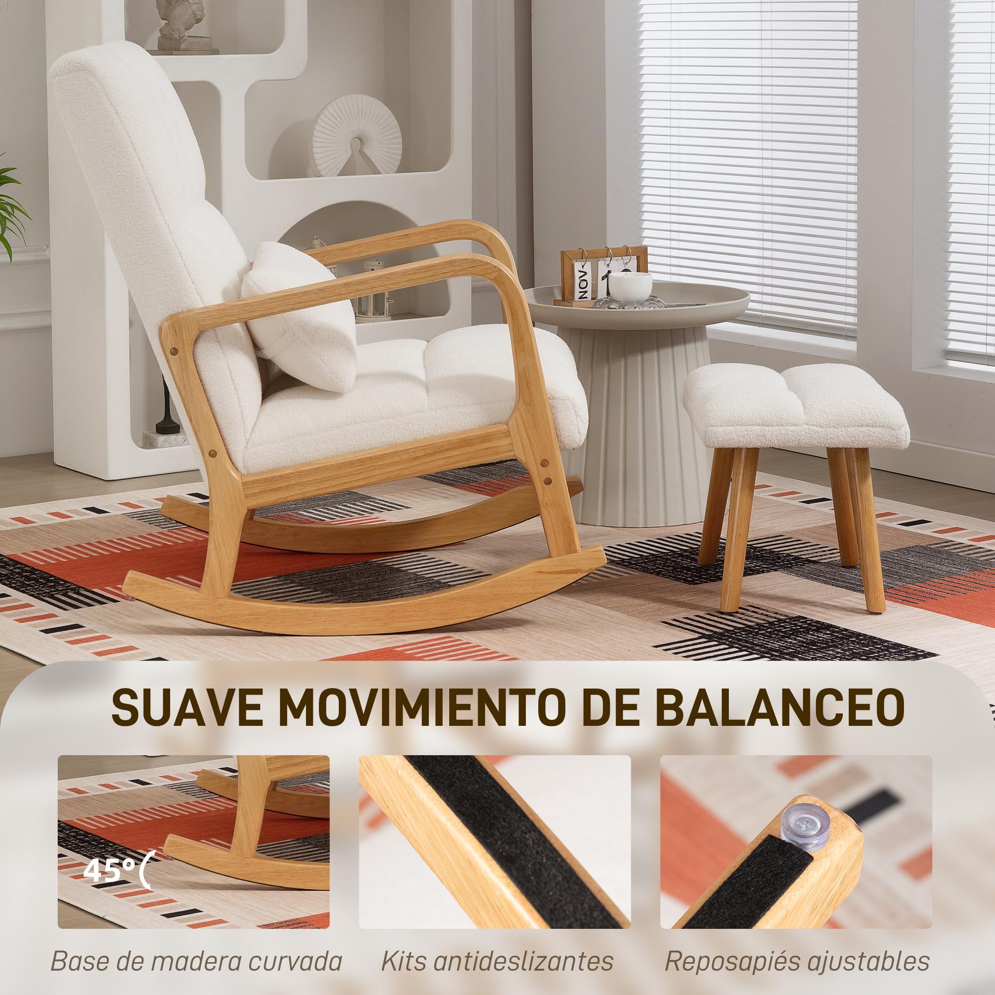 HOMCOM Silla Mecedora con Reposapiés, Sillón de Relax Tapizado en Bouclé con Cojín Acolchado, Respaldo Ergonómico, Reposabrazos y Patas de Madera, Carga 120 kg, para Salón, Dormitorio, Blanco