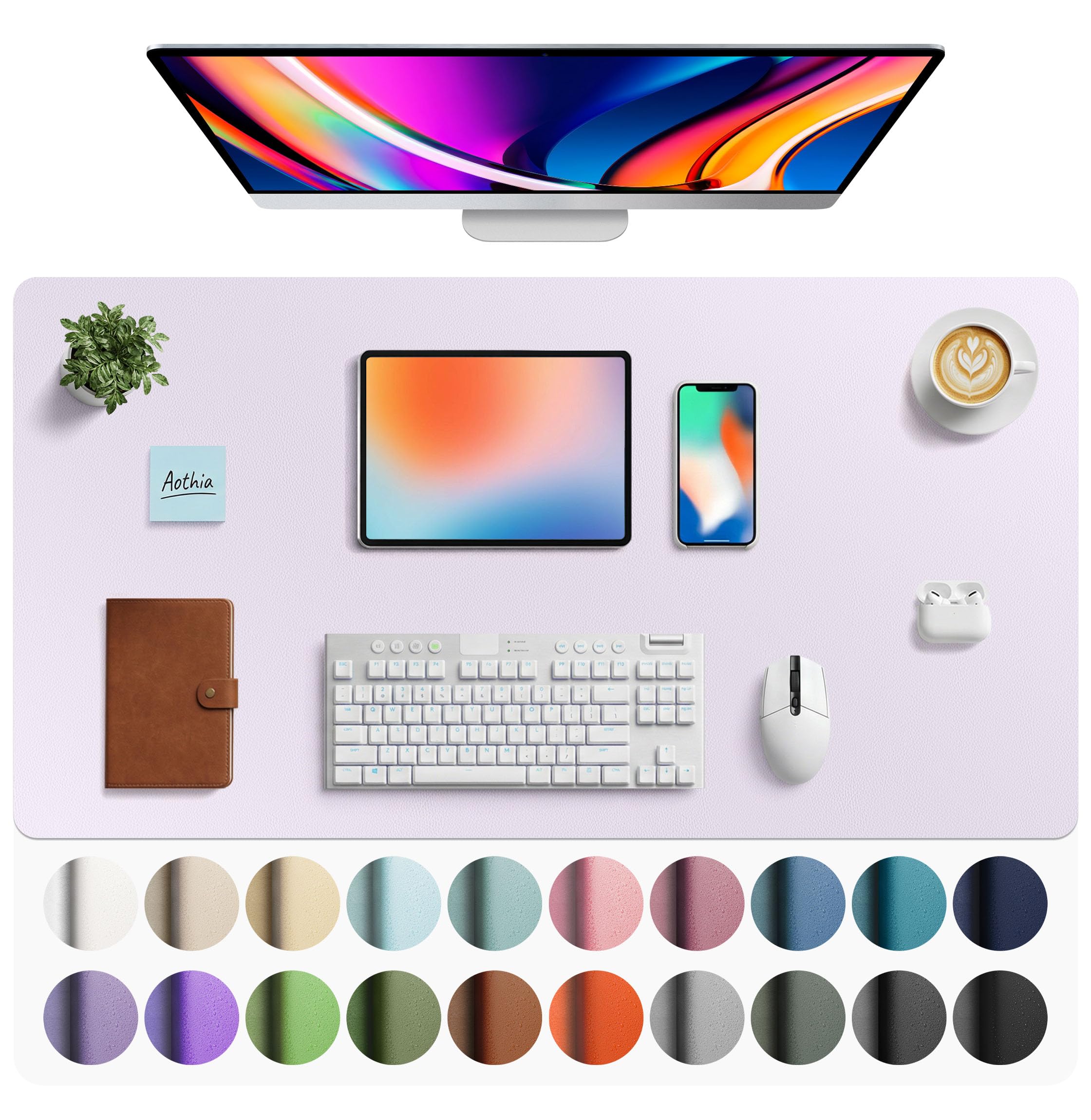 Aothia Faux Leather Desk Mat - Large Mouse Pad, Non-Slip PU Leather Blotter, Waterproof Writing Surface for Office and Home (Soft Lavender, 40" x 24")